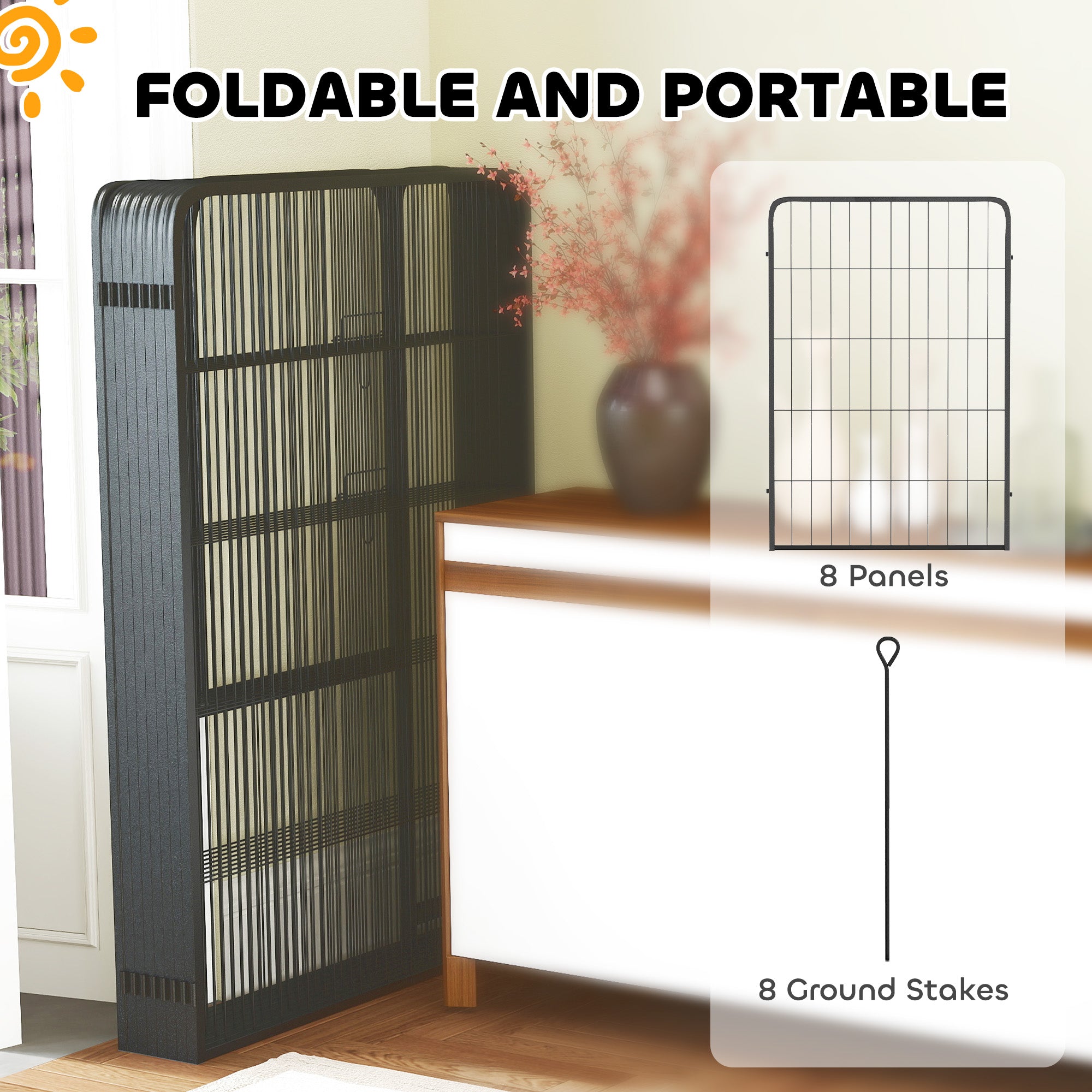 PawHut Eight-Panel Dog Playpen with Door, for Large Dogs, Indoors, Outdoors, 100cm Tall, Black