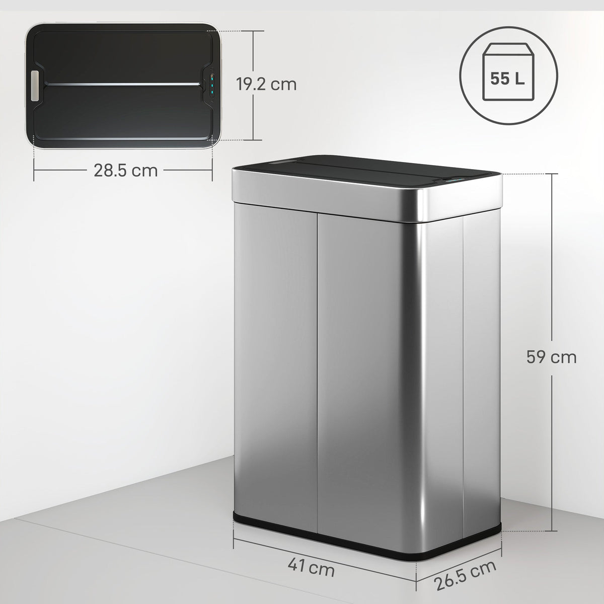 HOMCOM 55L Sensor Bin, Large Automatic Touchless Rubbish Bin with Soft-Close Lid, Silver Tone