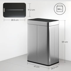 HOMCOM 55L Sensor Bin, Large Automatic Touchless Rubbish Bin with Soft-Close Lid, Silver Tone