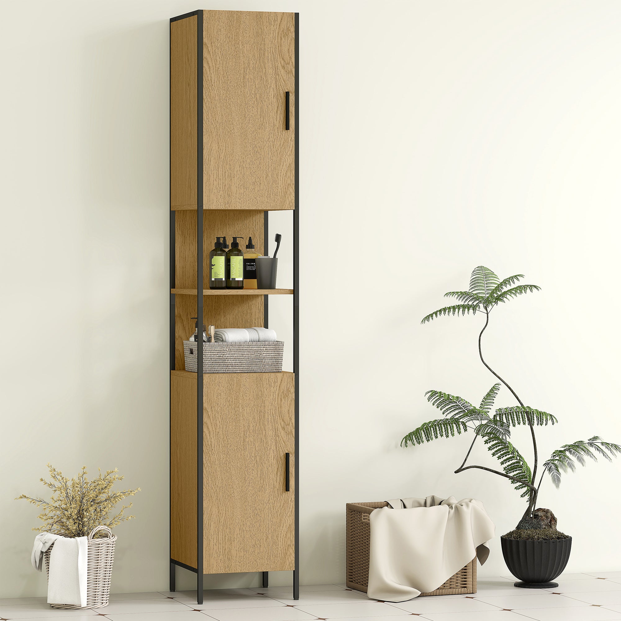 HOMCOM Tall Bathroom Cabinet with 2 Doors, Open Compartments and Adjustable Shelves - Natural Wood Finish