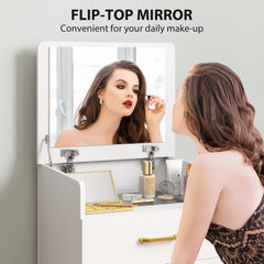 HOMCOM 3 in 1 Dressing Table with Flip-top Mirror and Rolling Stool, Modern Vanity Desk with Visible Glass Tabletop, Drawers and Side Hook, Makeup Table with Cushioned Storage Stool for Bedroom, White