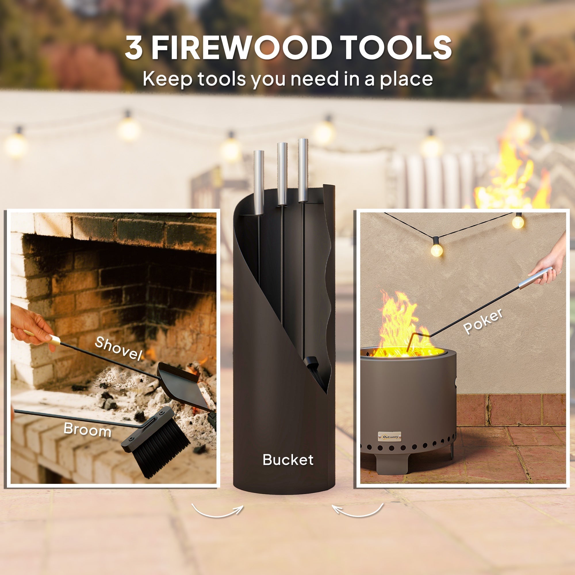 Outsunny 4 Pieces Fireplace Tools Set, Metal Fireplace Accessories Fireside Companion Set with Broom, Shovel, Poker and Bucket, Black