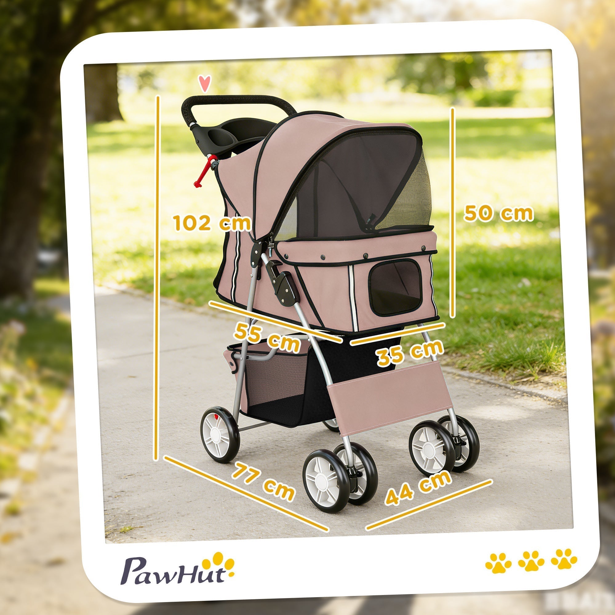 PawHut Dog Pram, Pet Stroller with Reflective Strips, Foldable Cat Stroller with 360 degrees Swivel Wheels, Brown