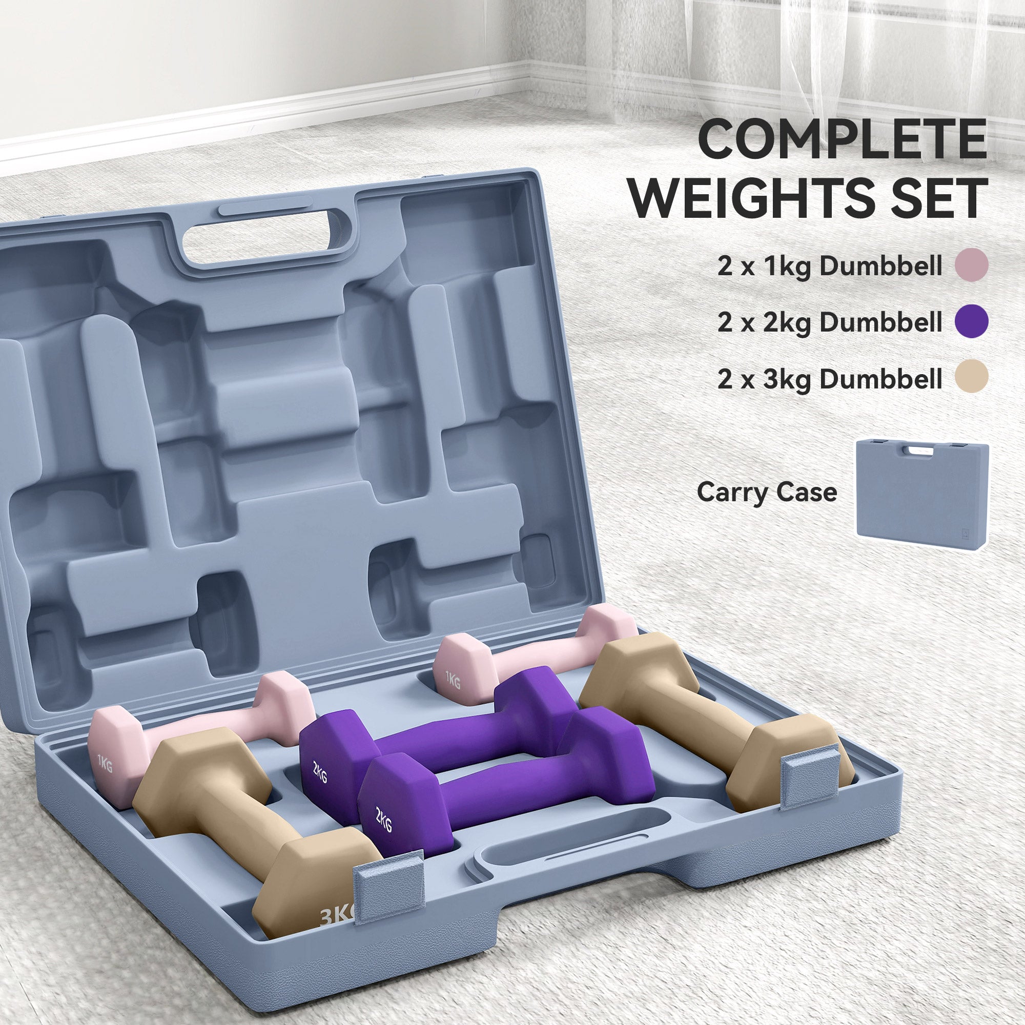 SPORTNOW 12kg Hex Dumbbells Set of 6, Hand Weights with Carry Case for Home Gym Strength Training, 2 x 1kg, 2 x 2kg, 2 x 3kg