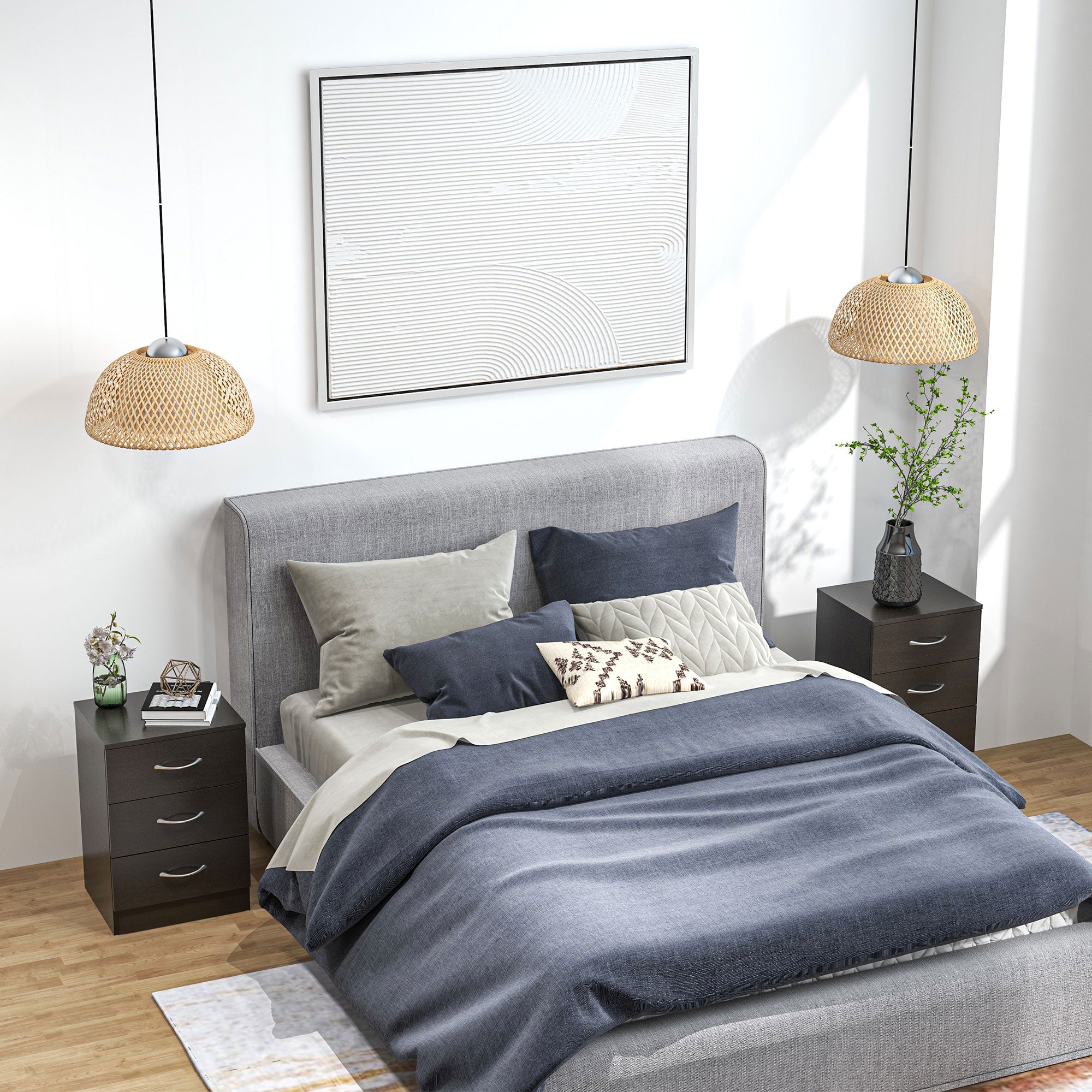 HOMCOM Bedside Cabinet with Drawer and Shelf, White Bedside Table for Bedroom, Living Room, Nightstand Side Table with Metal Rail Set of 2