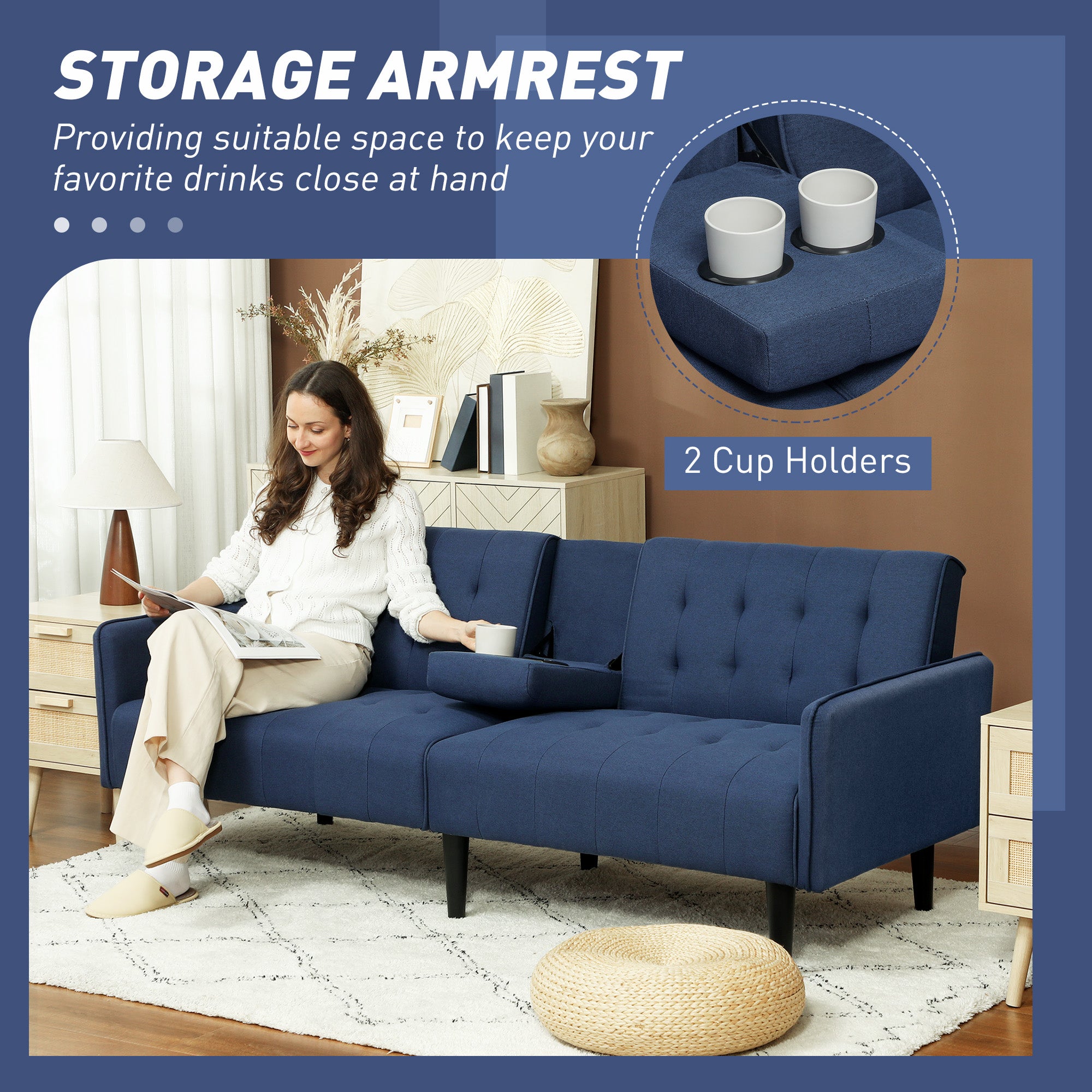 HOMCOM Three-Seater Sofa Bed, with Cupholders - Dark Blue
