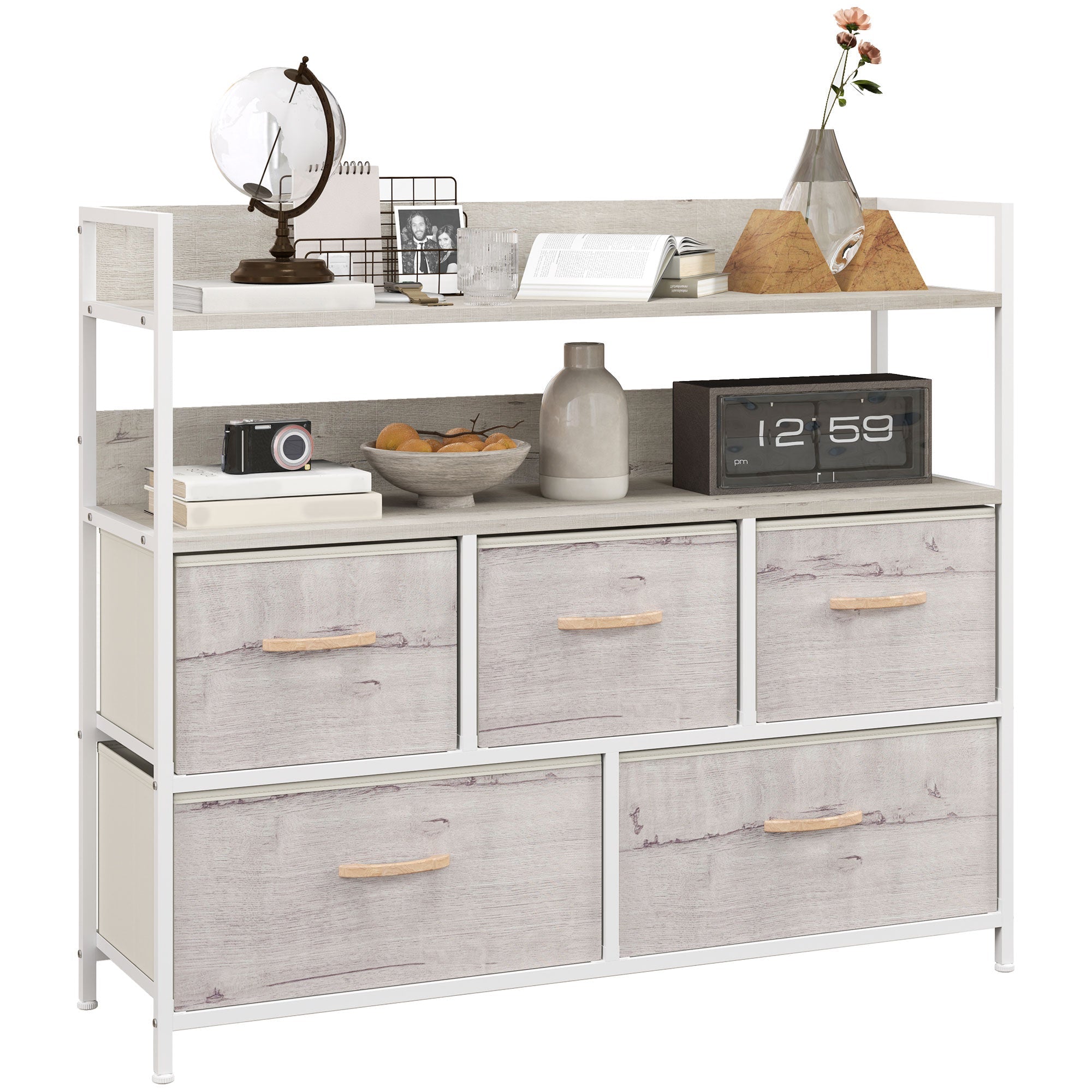 HOMCOM Rustic Chest of Five Fabric Drawers - Natural