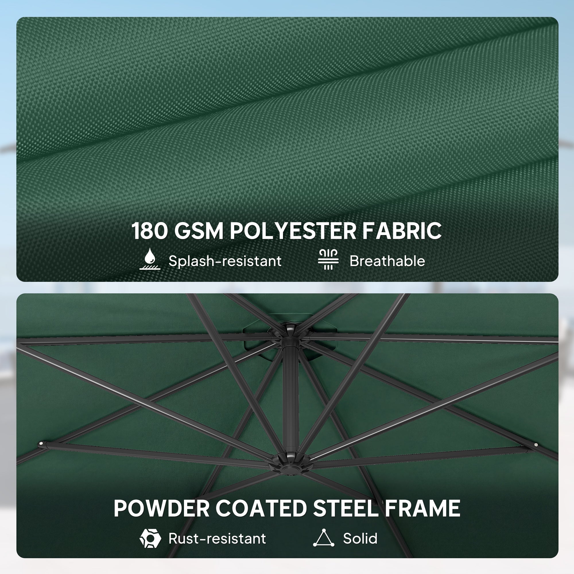 Outsunny 3 m Overhanging Cantilever Parasol, with Cross Base - Dark Green