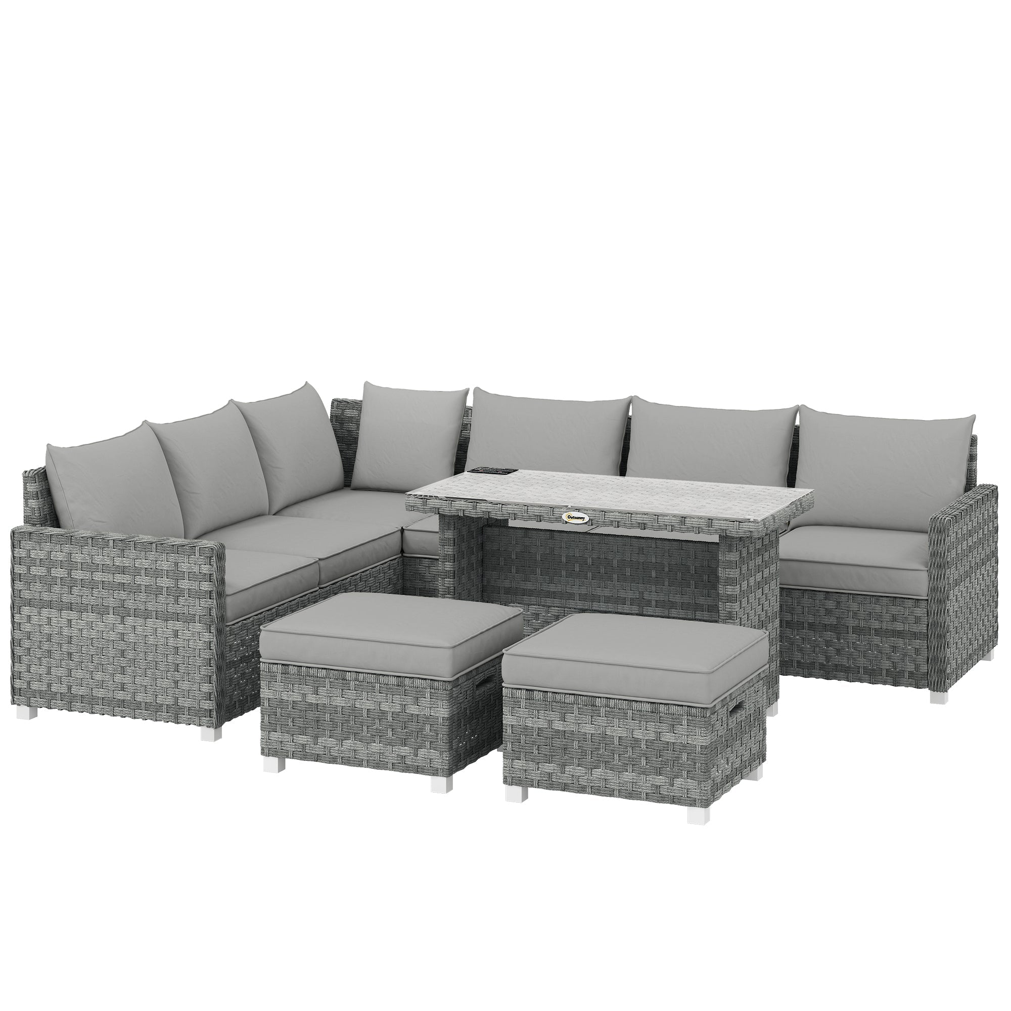 Outsunny 6 Seater Rattan Garden Furniture Set with 3 Sofas, 2 Footstools, Table, Patio Rattan Furniture Sofa Sets, Grey