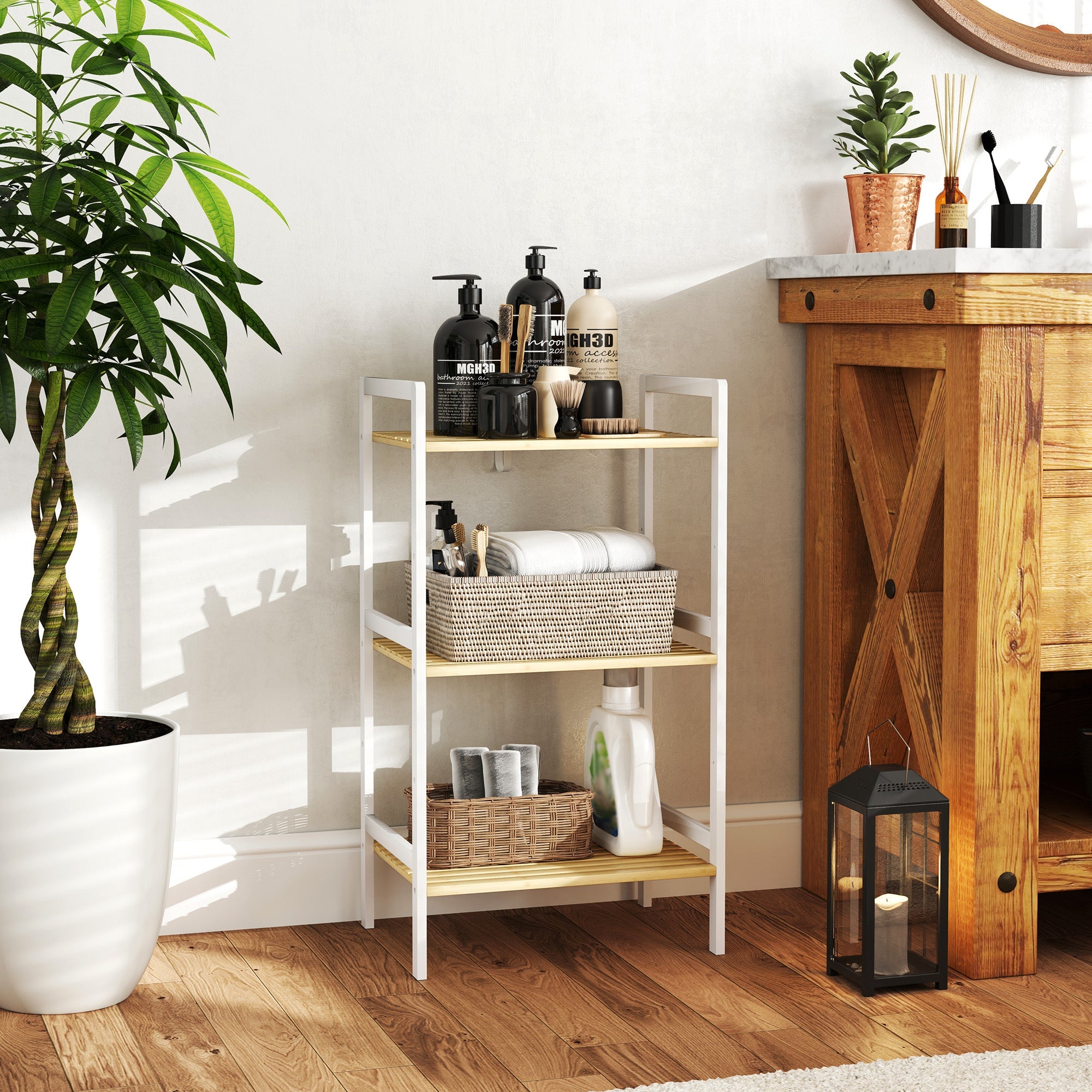 HOMCOM Three-Tier Bamboo Adjustable Shelf Storage Unit