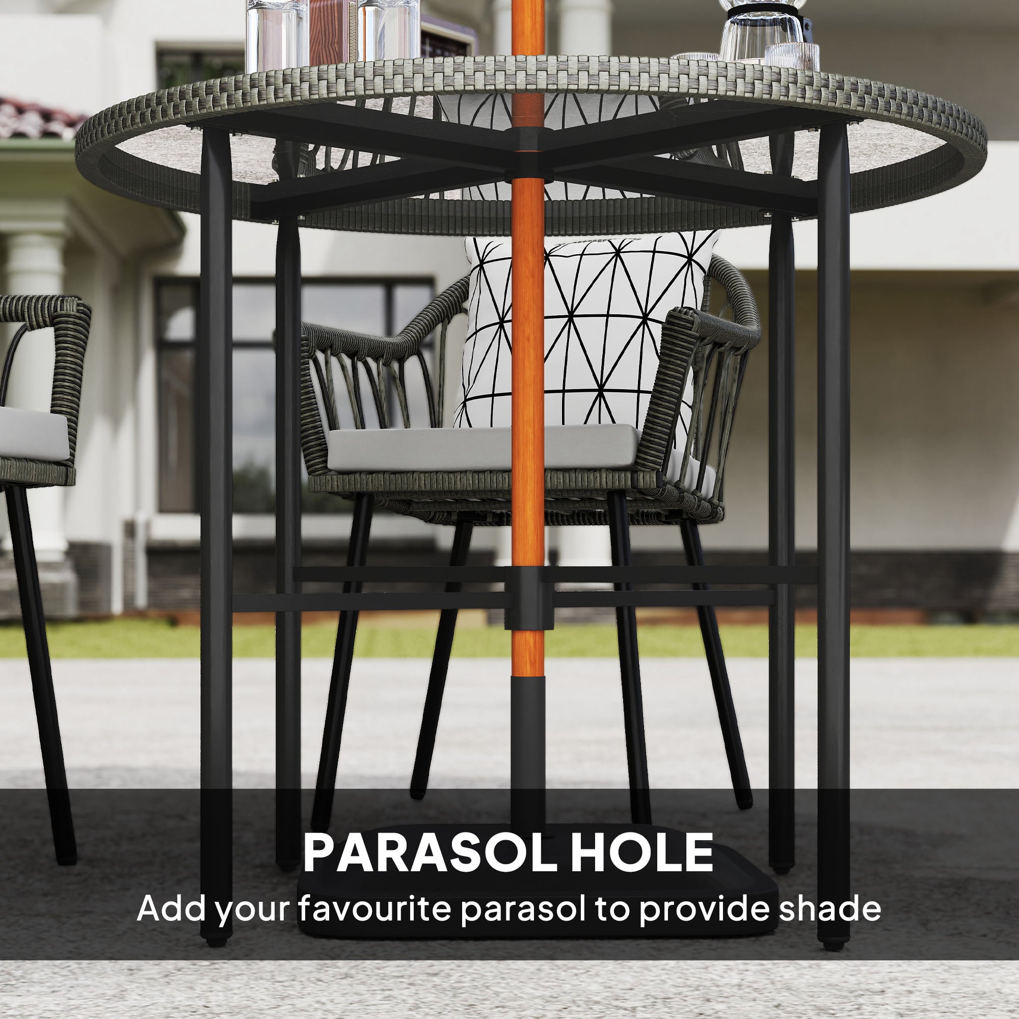 Outsunny 5 Piece Patio Rattan Dining Set, Wicker Garden Table and Chairs w/ Removable Seat & Back Cushions, Round Tempered Glass Tabletop, Parasol Hole, Outdoor Furniture Conservatory Set, Grey