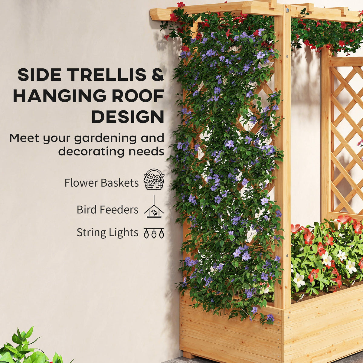 Outsunny Garden Planter with Trellis, Wooden Raised Bed for Garden with Hanging Roof and Drainage Holes, Outdoor Trellis Planter Box for Vegetables, Herbs and Flowers, 110 x 44 x 113 cm, Natural