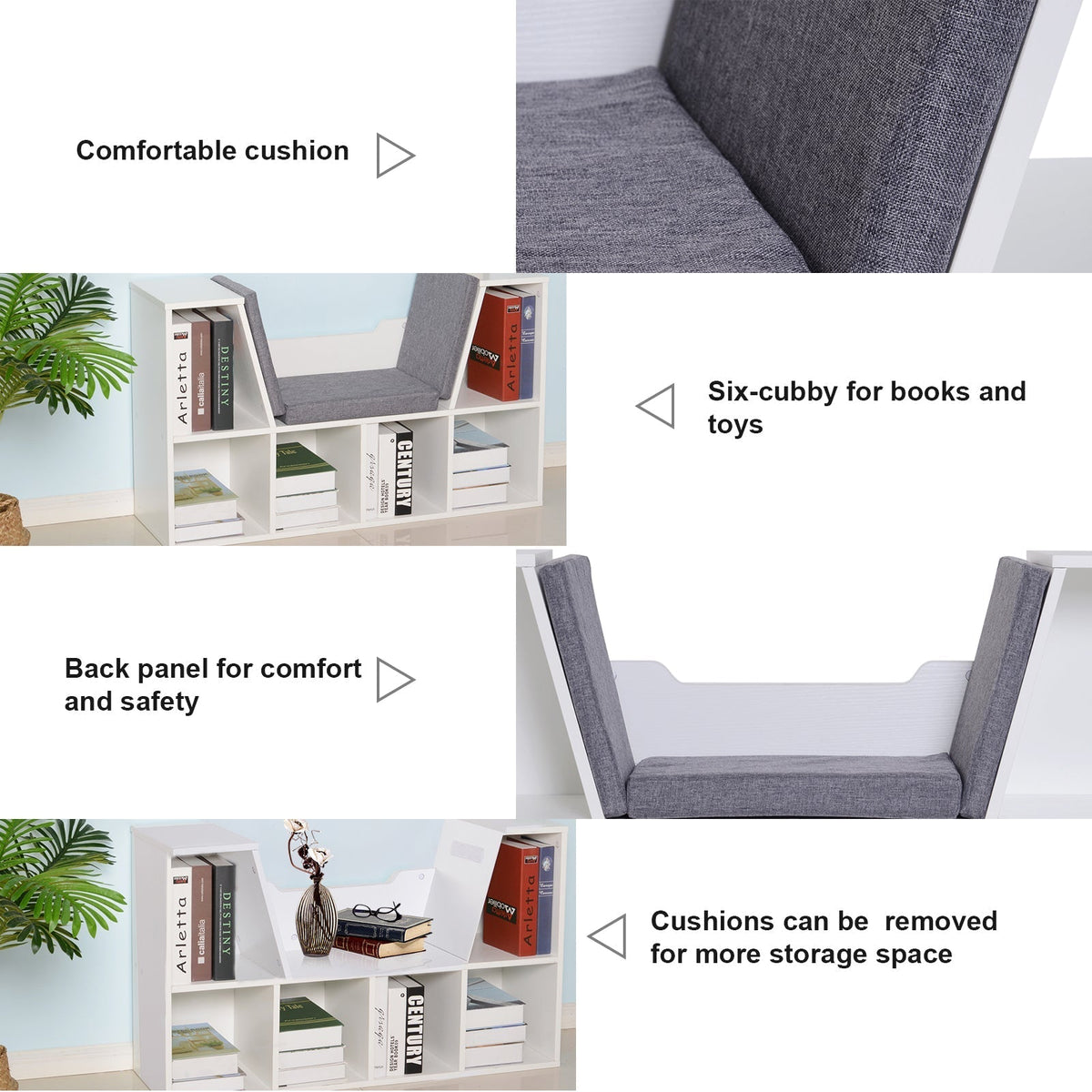 HOMCOM Bookcase Storage Shelf with Cushioned Reading Seat, Cube Bookshelf Organizer for Bedroom Living Room, White