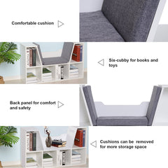 HOMCOM Bookcase Storage Shelf with Cushioned Reading Seat, Cube Bookshelf Organizer for Bedroom Living Room, White