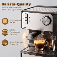 HOMCOM Espresso Machine, 20-Bar Semi Automatic Cappuccino Coffee Maker with Frother Wand, 1.6 L Water Tank, Black