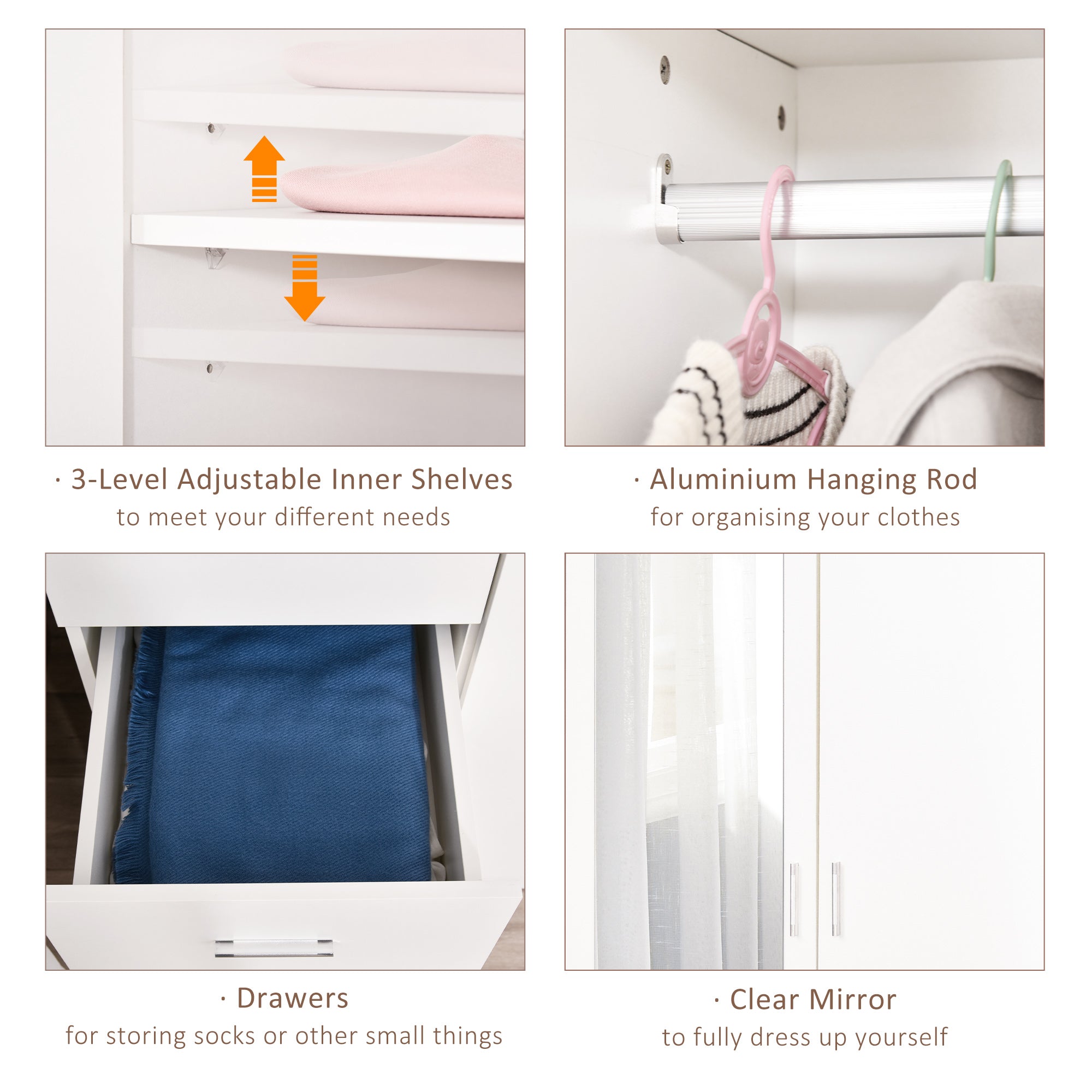 HOMCOM 2 Door 3 Drawer Mirrored Wardrobe with Hanging Rail, Modern Clothes Storage Cupboard with Mirror, Drawers and Adjustable Shelves for Bedroom, 80 x 50 x 180 cm, White