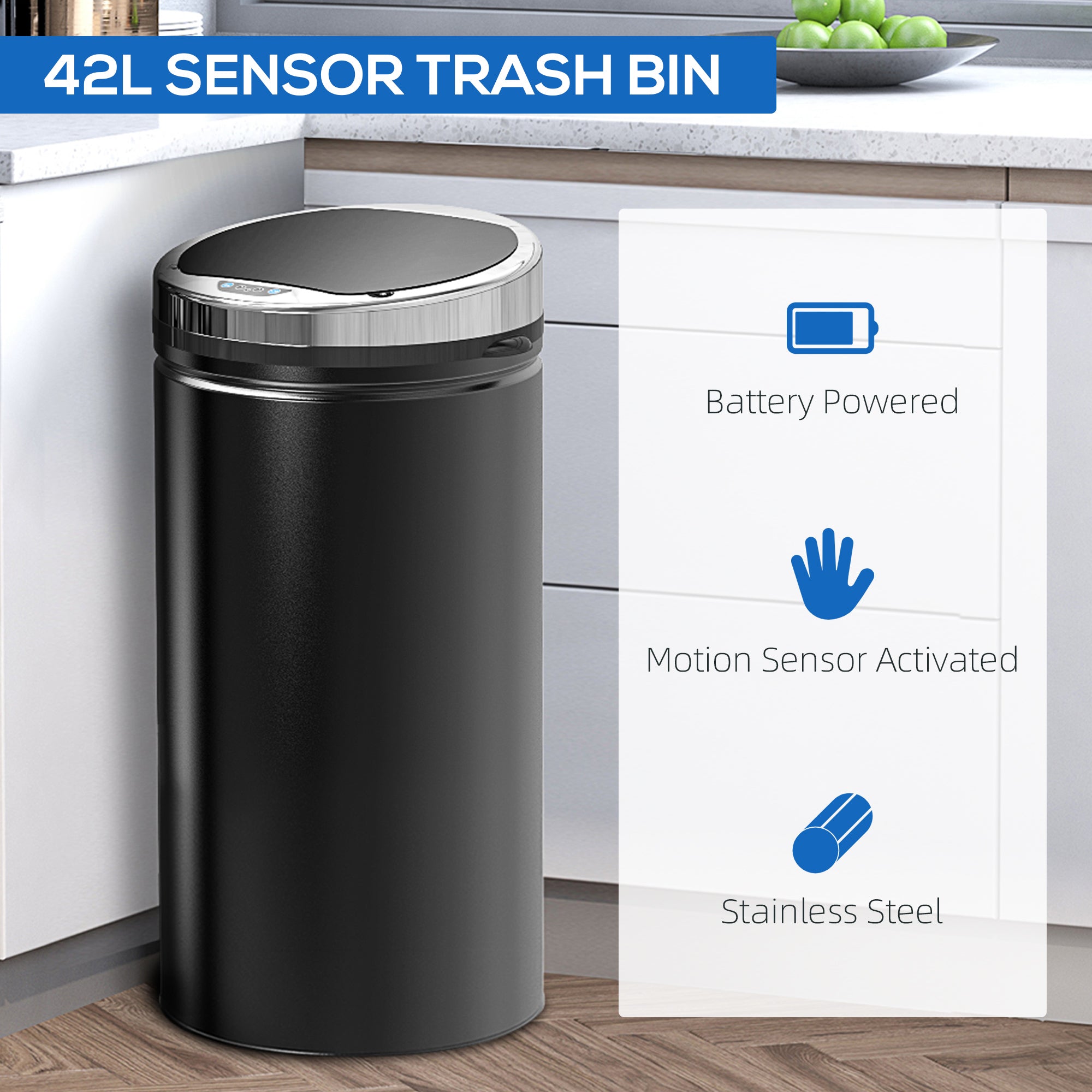 HOMCOM 42L Sensor Bin for Kitchen Waste Automatic Dustbin Motion Detection Dustbin Stainless Steel Rubbish Can with Bucket, Black