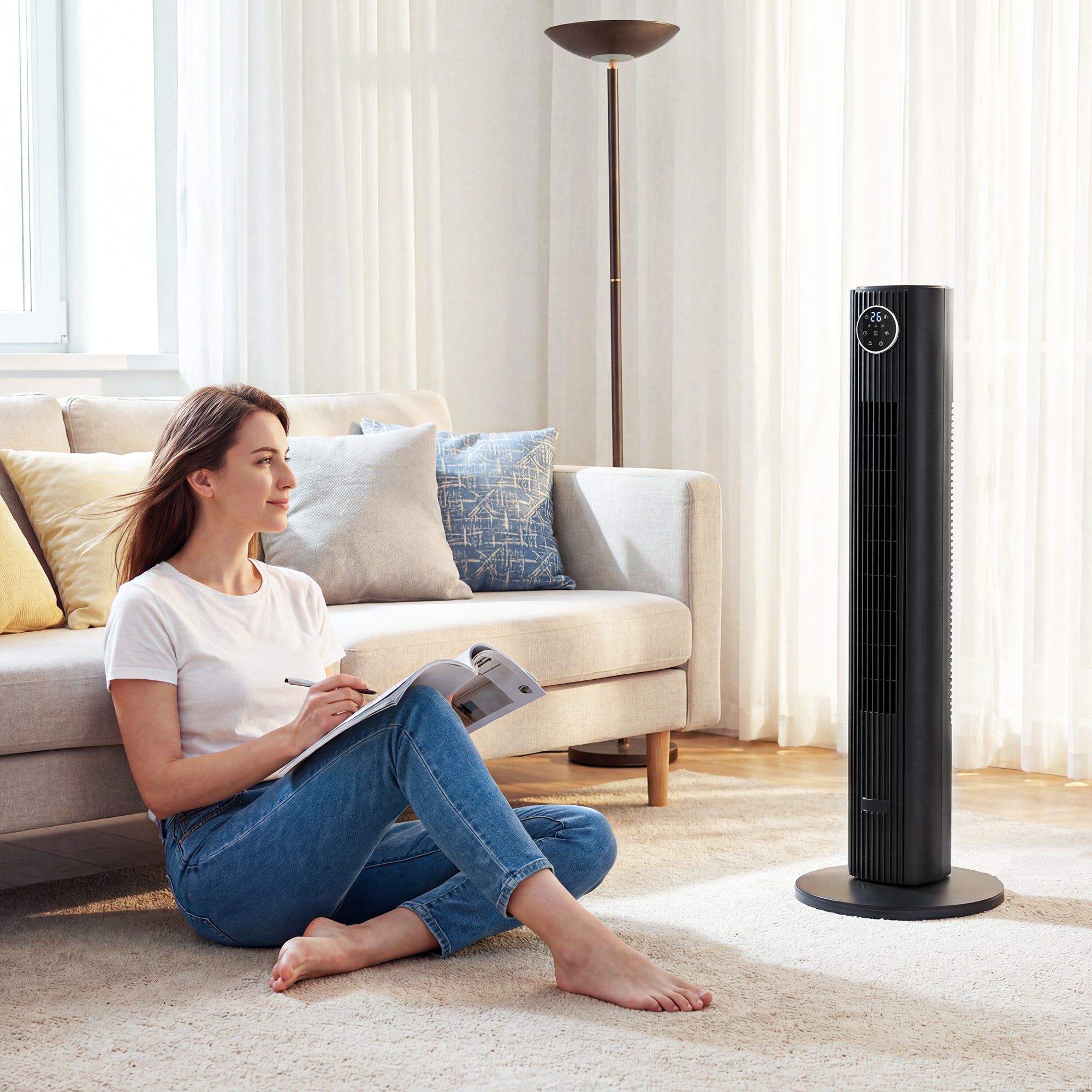 HOMCOM 28dB Tower Fan for Bedroom, 26 ft/s Velocity Standing Cooling Fan with 80Â° Oscillating, 12 Speeds, LED Display, 4 Modes, 12H Timer, Remote Control, 36 inch, Black