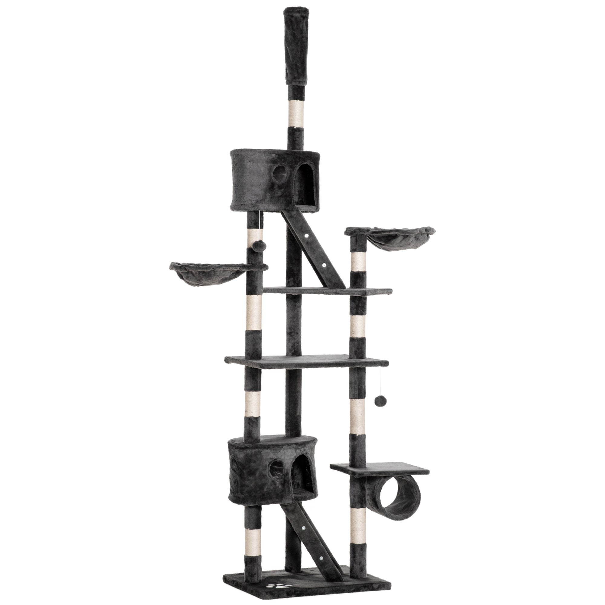 PawHut Floor-to-Ceiling Cat Tree for Indoor Cats, 240-260cm Adjustable Cat Tree - Dark Grey