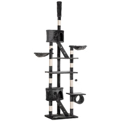 PawHut Floor-to-Ceiling Cat Tree for Indoor Cats, 240-260cm Adjustable Cat Tree - Dark Grey