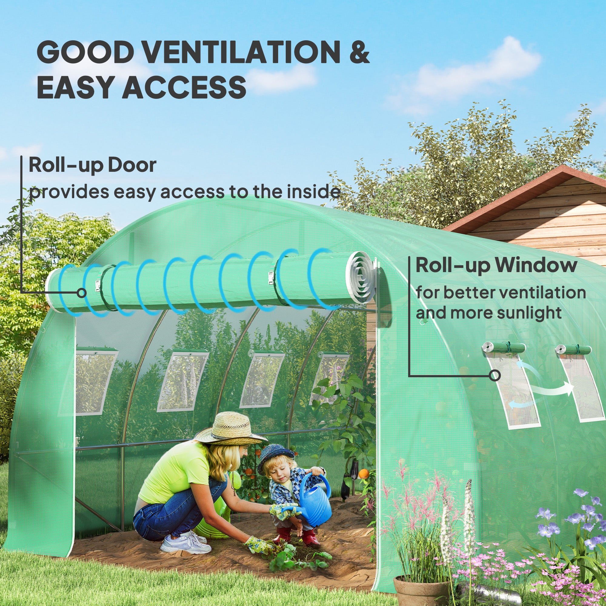 Outsunny 4 x 3 x 2m Greenhouse Replacement Cover ONLY Winter Garden Plant PE Cover for Tunnel Walk-in Greenhouse with Roll-up Windows Door Outdoor, Green