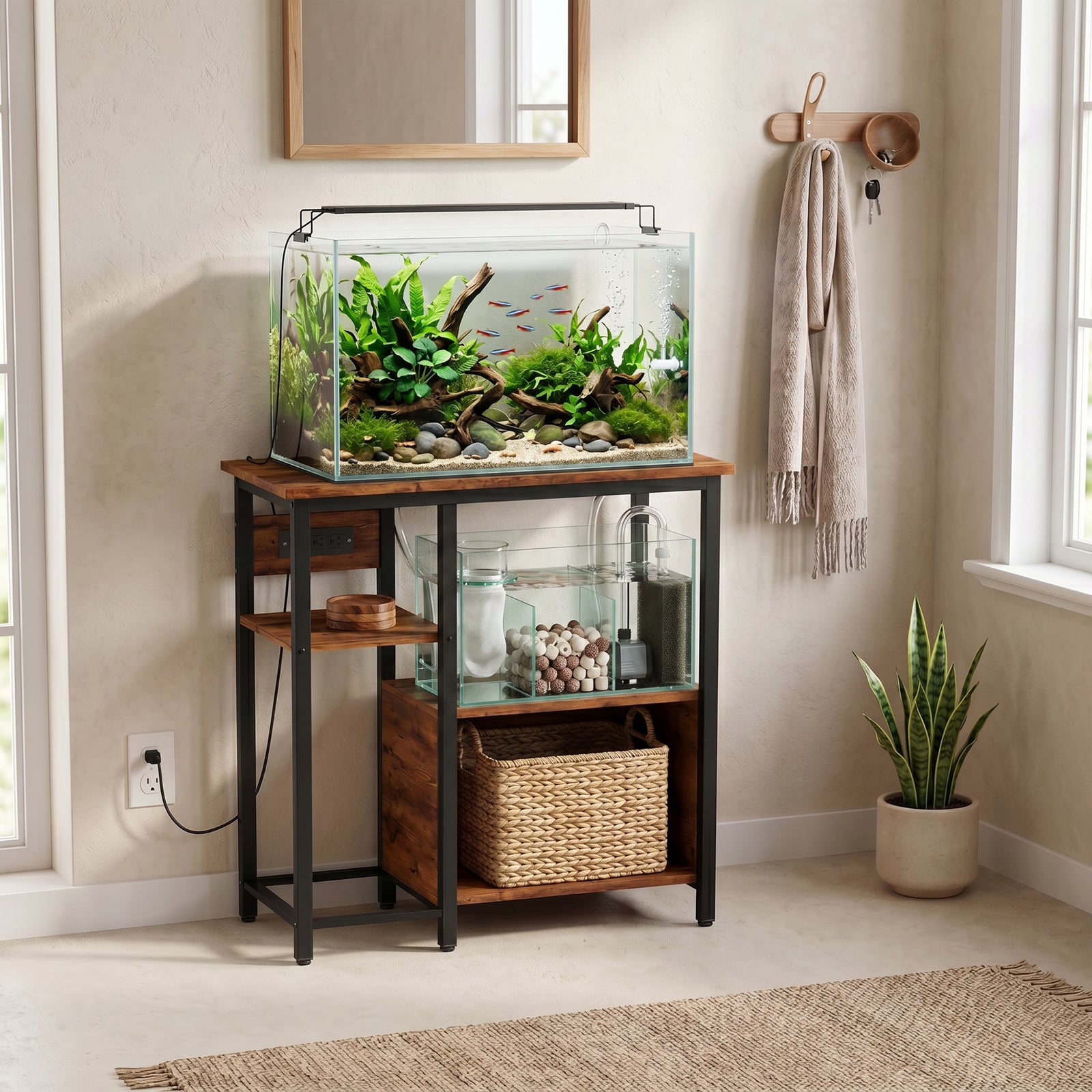 PawHut Fish Tank Stand with Power Outlets Aquarium Stand with Cabinet 20-29 Gallon Tanks Tiger Wood Grain