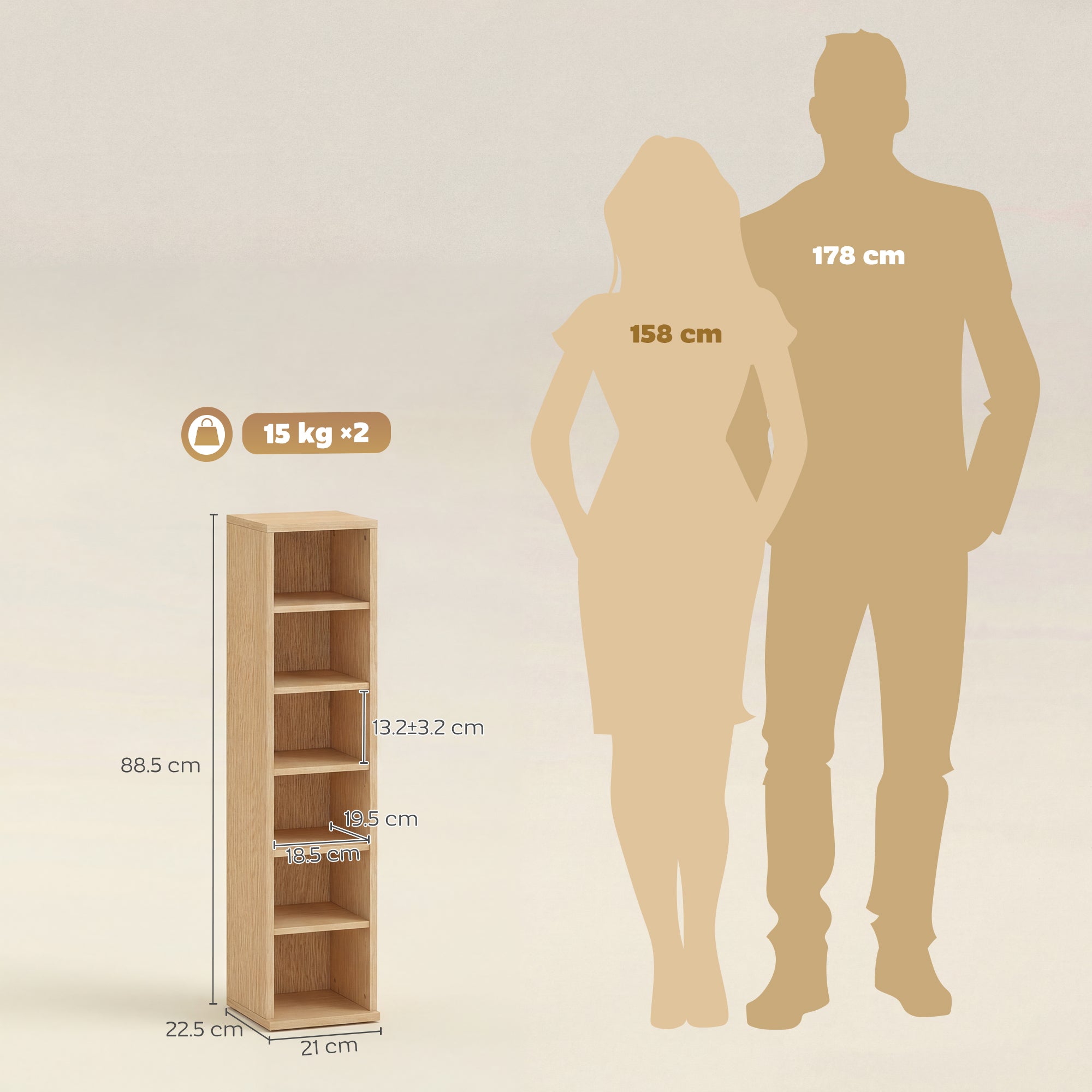 HOMCOM Set of 2 CD Media Display Shelf Unit Tower Rack with Adjustable Shelves, Natural