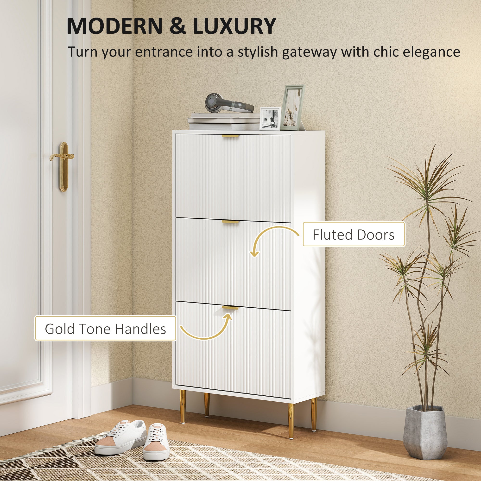 HOMCOM Narrow Shoe Cabinet with 3 Flip Drawers - White