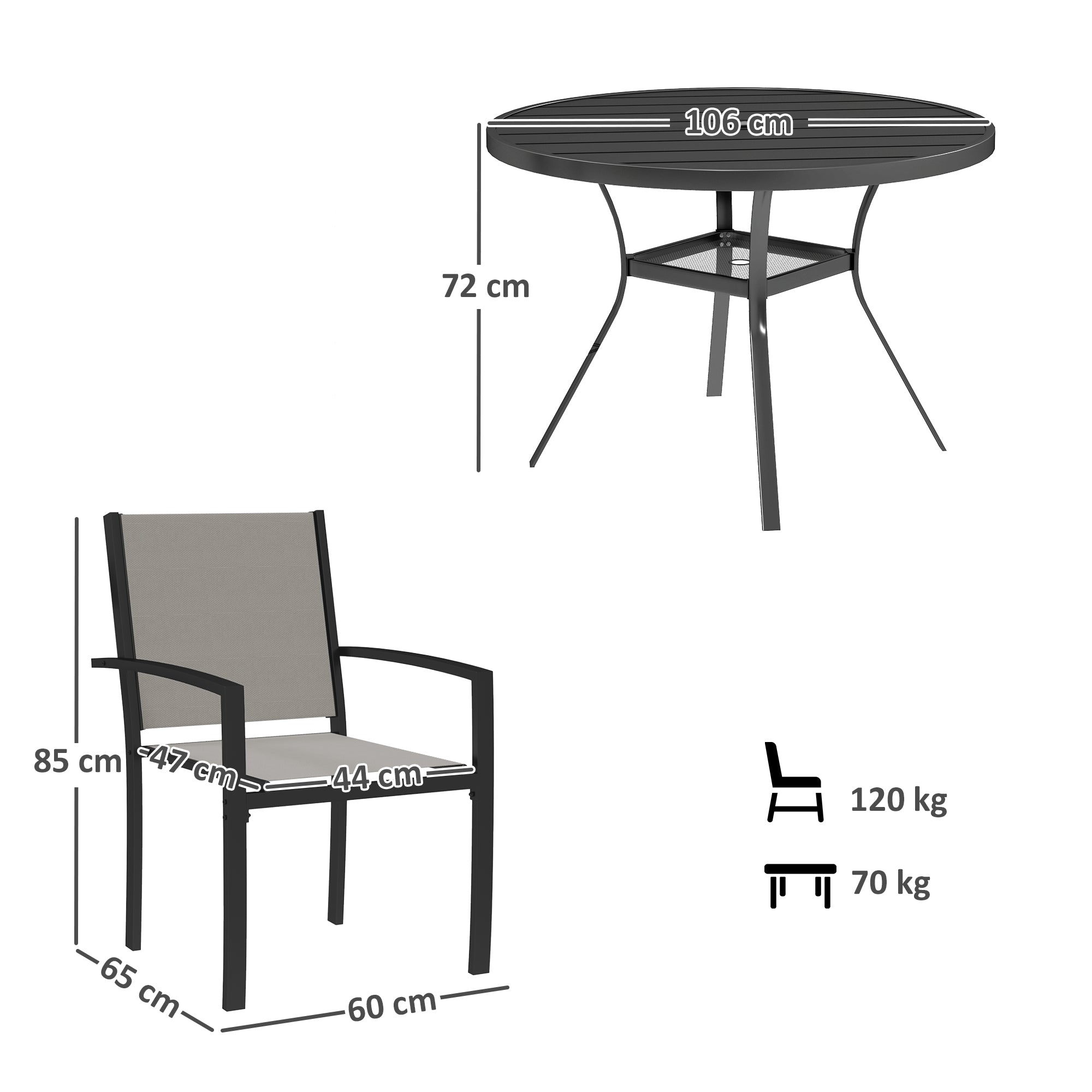 Outsunny 5 Piece Garden Furniture Set, Garden Dining Set with Round Table and 4 Stackable Chairs, Steel Frame, for Outdoor, Patio, Terraces, Dark Grey
