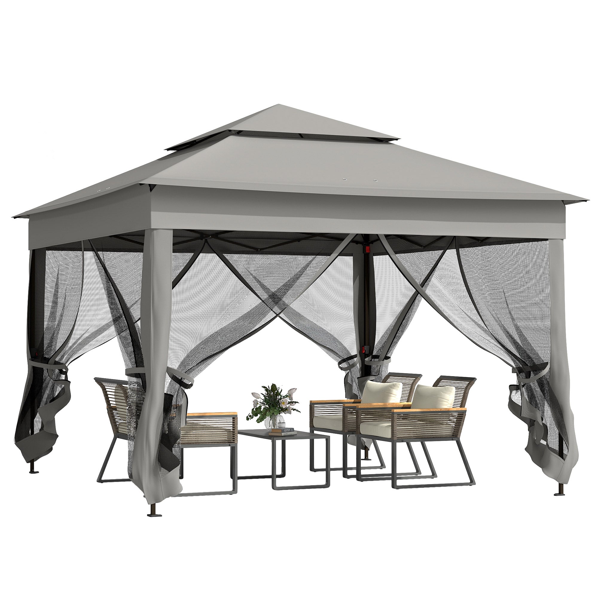 Outsunny 3 x 3(m) Pop Up Gazebo, Double-roof Garden Tent with Netting and Carry Bag, Party Event Shelter for Outdoor Patio, Dark Grey