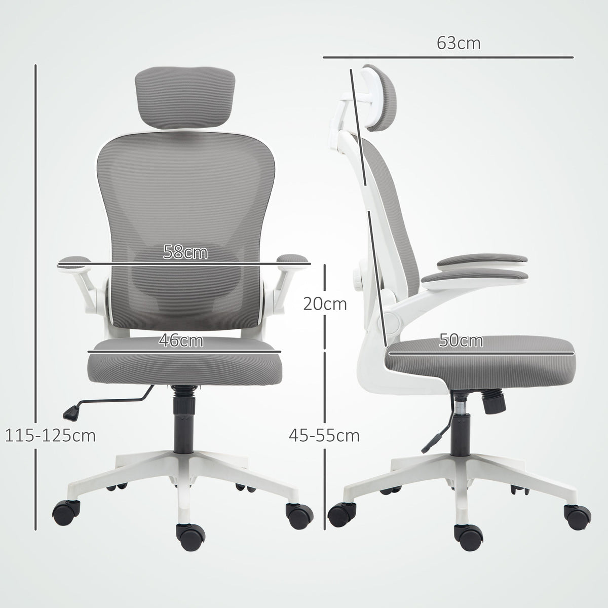 HOMCOM Executive Office Chair, Ergonomic Mesh High Back Desk Chair with Flip-up Armrest, Rotatable Headrest, Adjustable Lumbar Support for Home Study, Grey