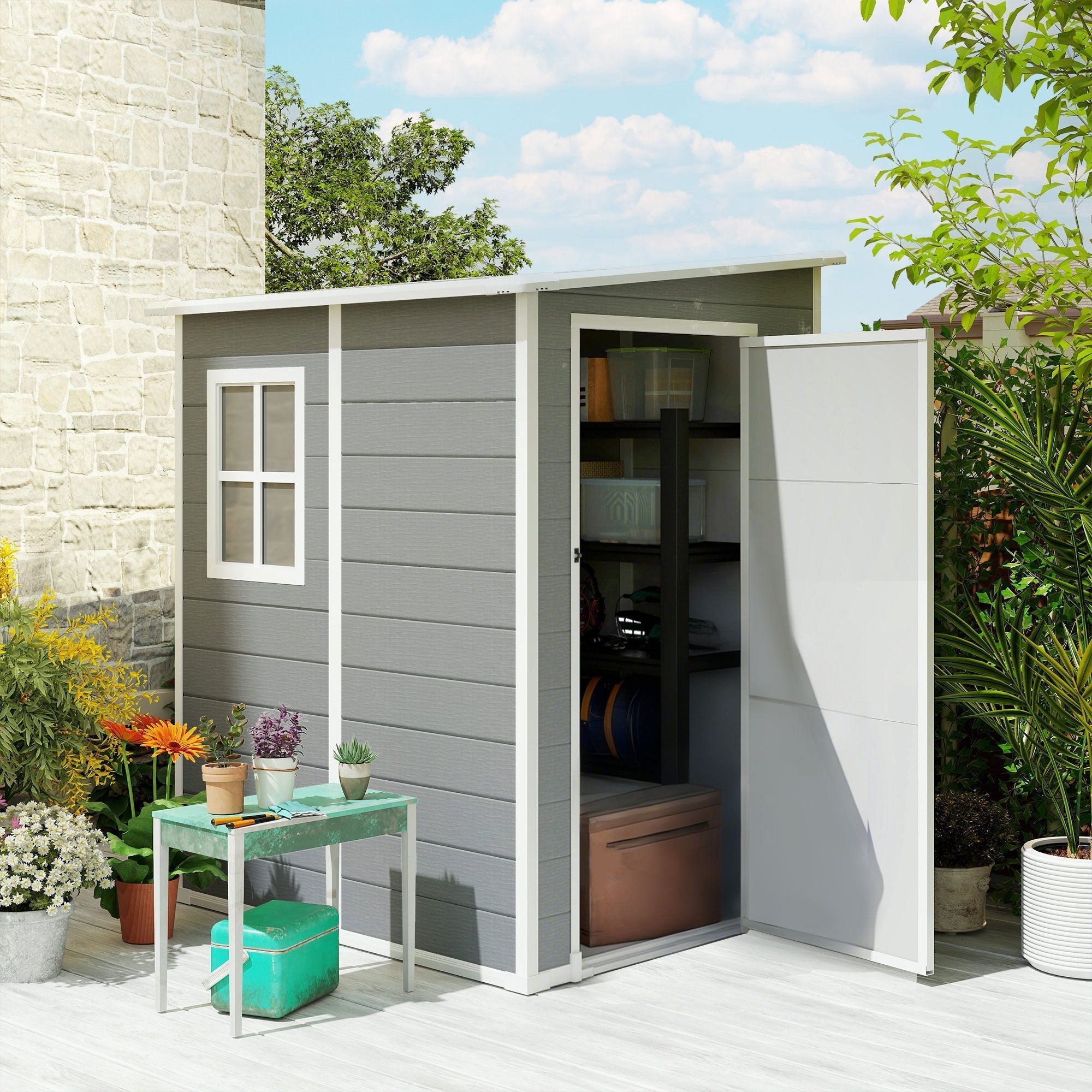Outsunny 4'x5' Garden Storage Shed, Lean to Shed, Lockable Garden Shed with Window, Vent and Plastic Roof, Grey