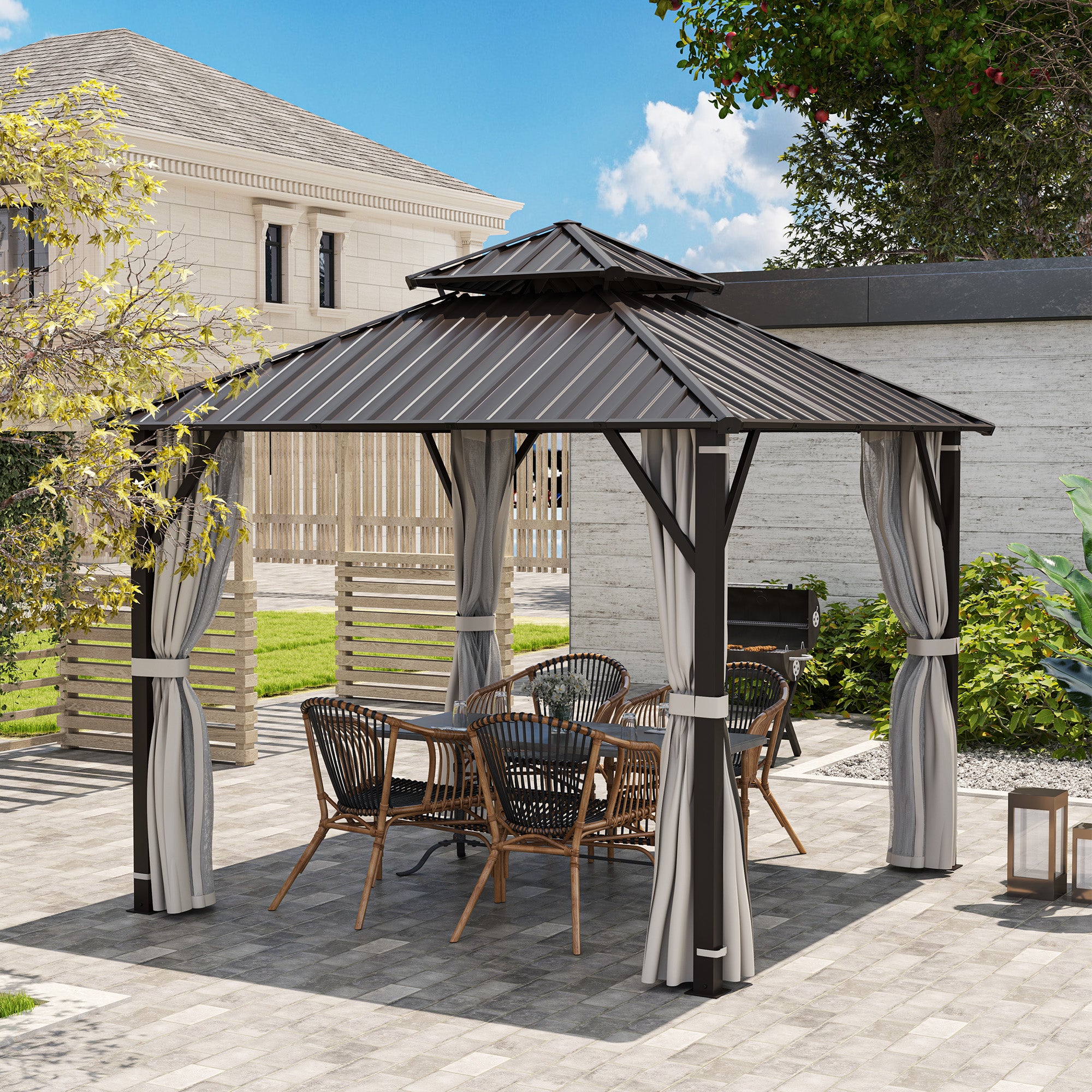 Outsunny 3 x 3(m) Hardtop Gazebo Canopy with Double Metal Roof, Waterproof Permanent Pavilion Garden Gazebo with Netting and Curtains, Easy to Assemble