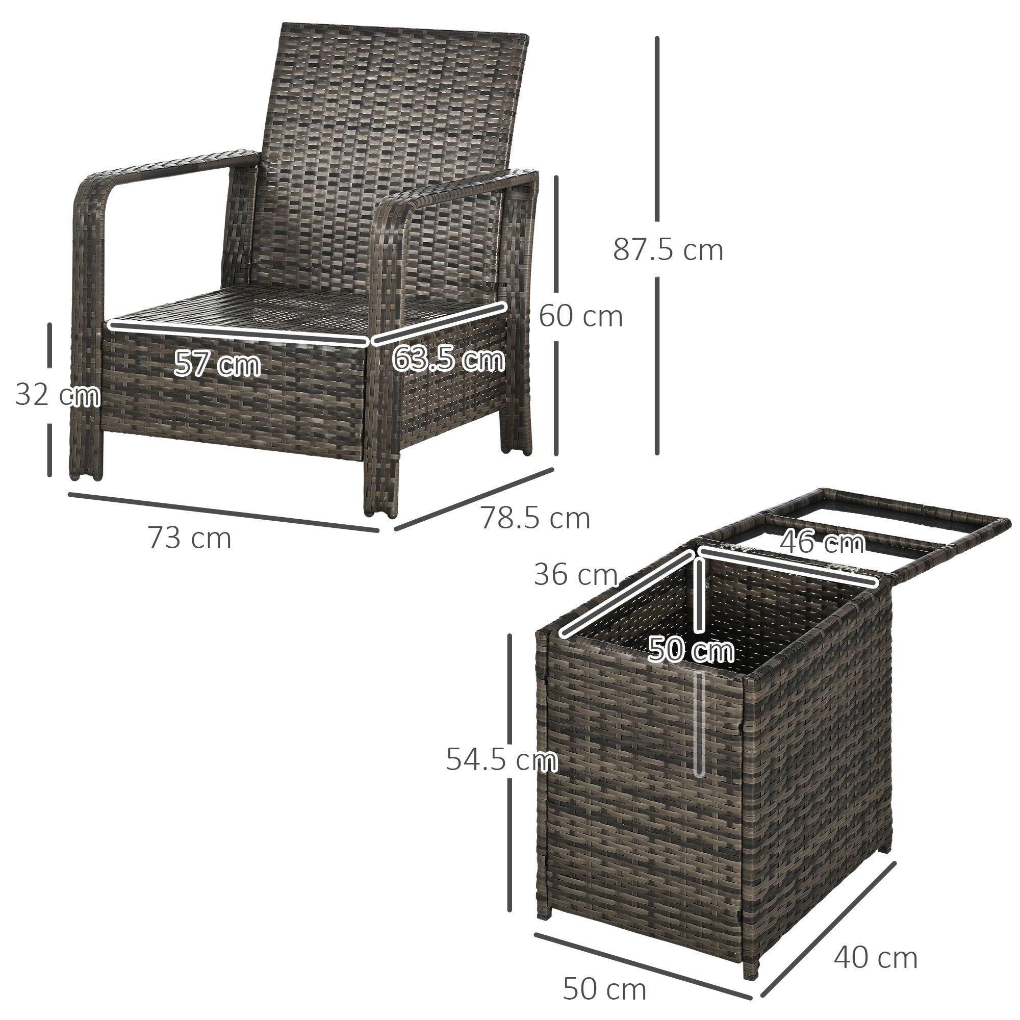 Outsunny 3 Pieces Rattan Bistro Set, Wicker Garden Furniture Set with Storage Coffee Table and Chairs, Thickened Cushions for Outdoor, Patio, Balcony, Grey