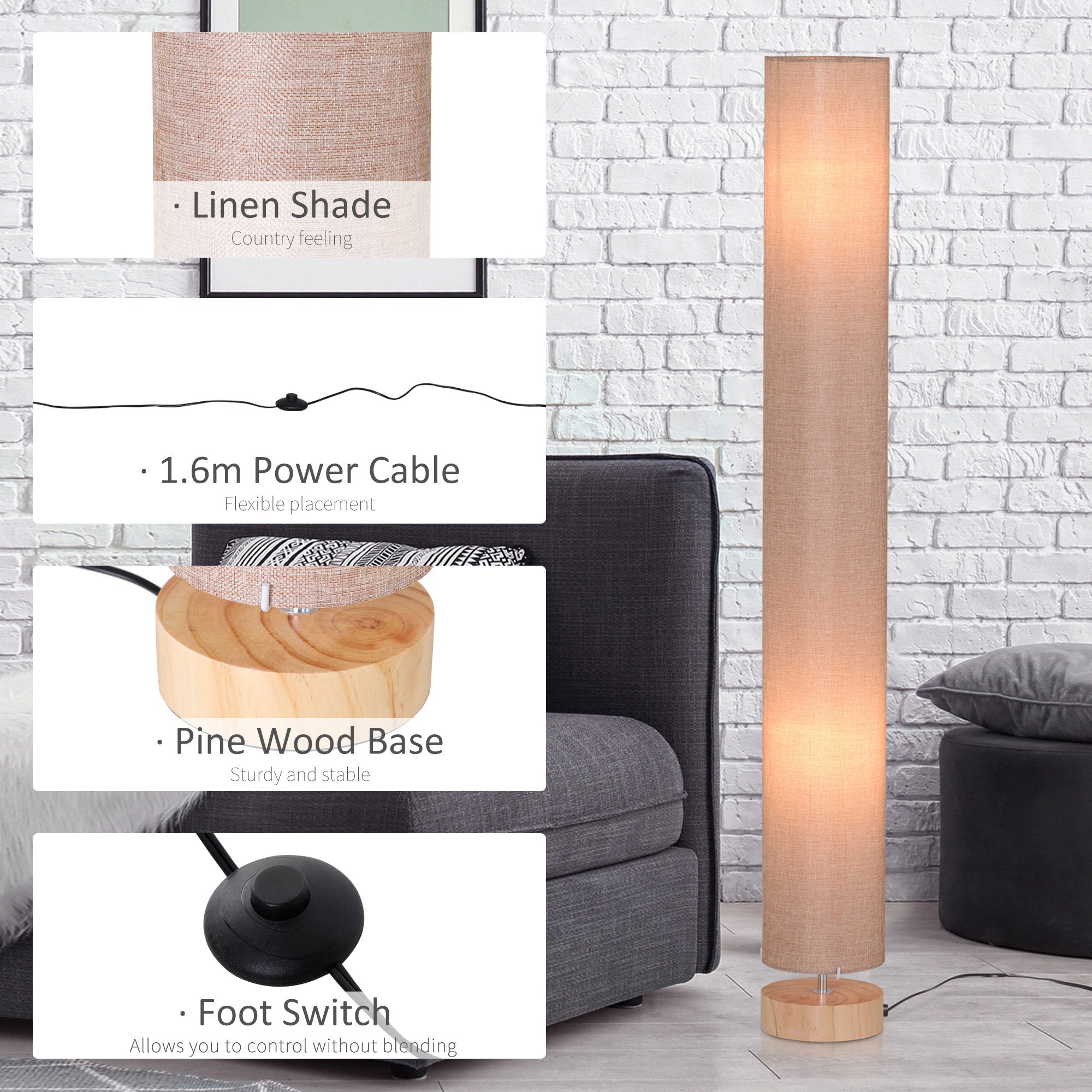 HOMCOM Floor Lamp for Living Room, 120cm Modern Standing Lamp with Linen Shade and Wooden Base, Cream