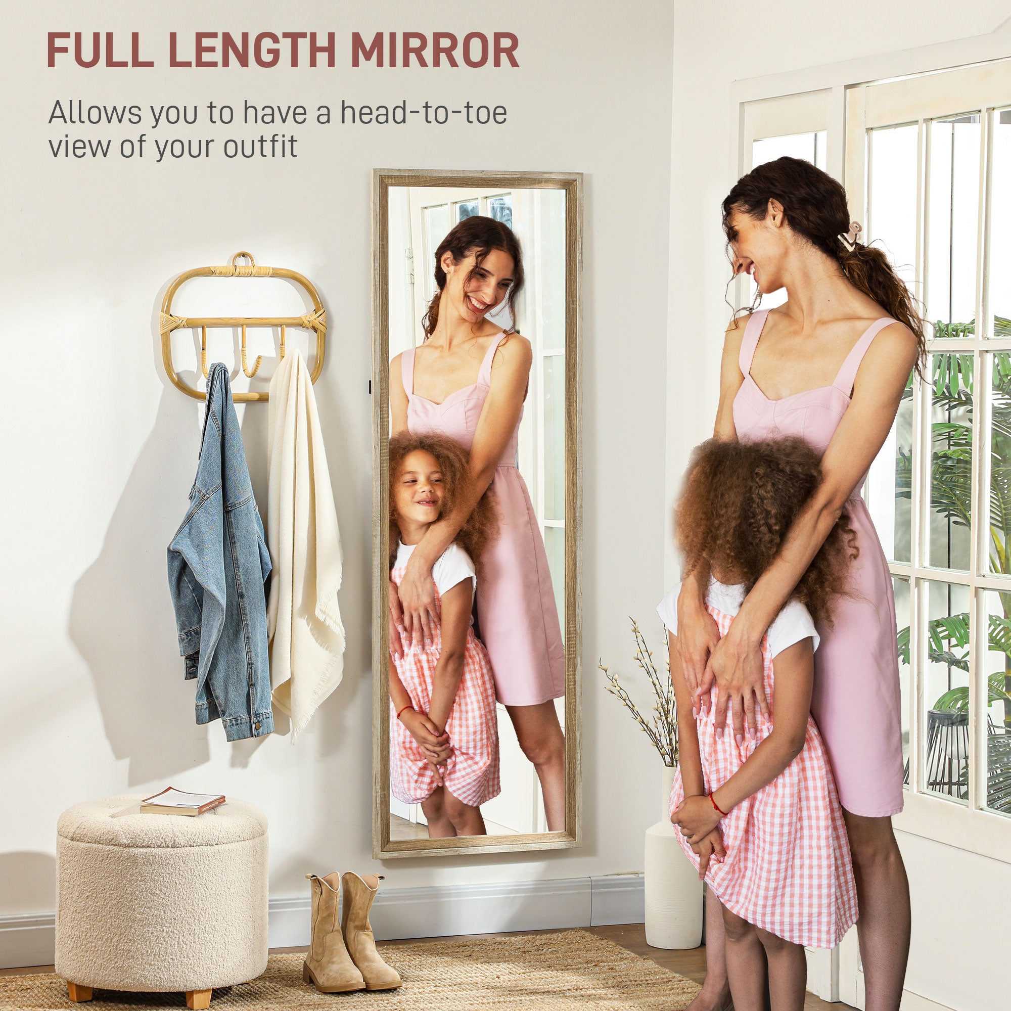 HOMCOM 162.6 cm Two-Tone Full Length Mirror - White/Oak-Tone