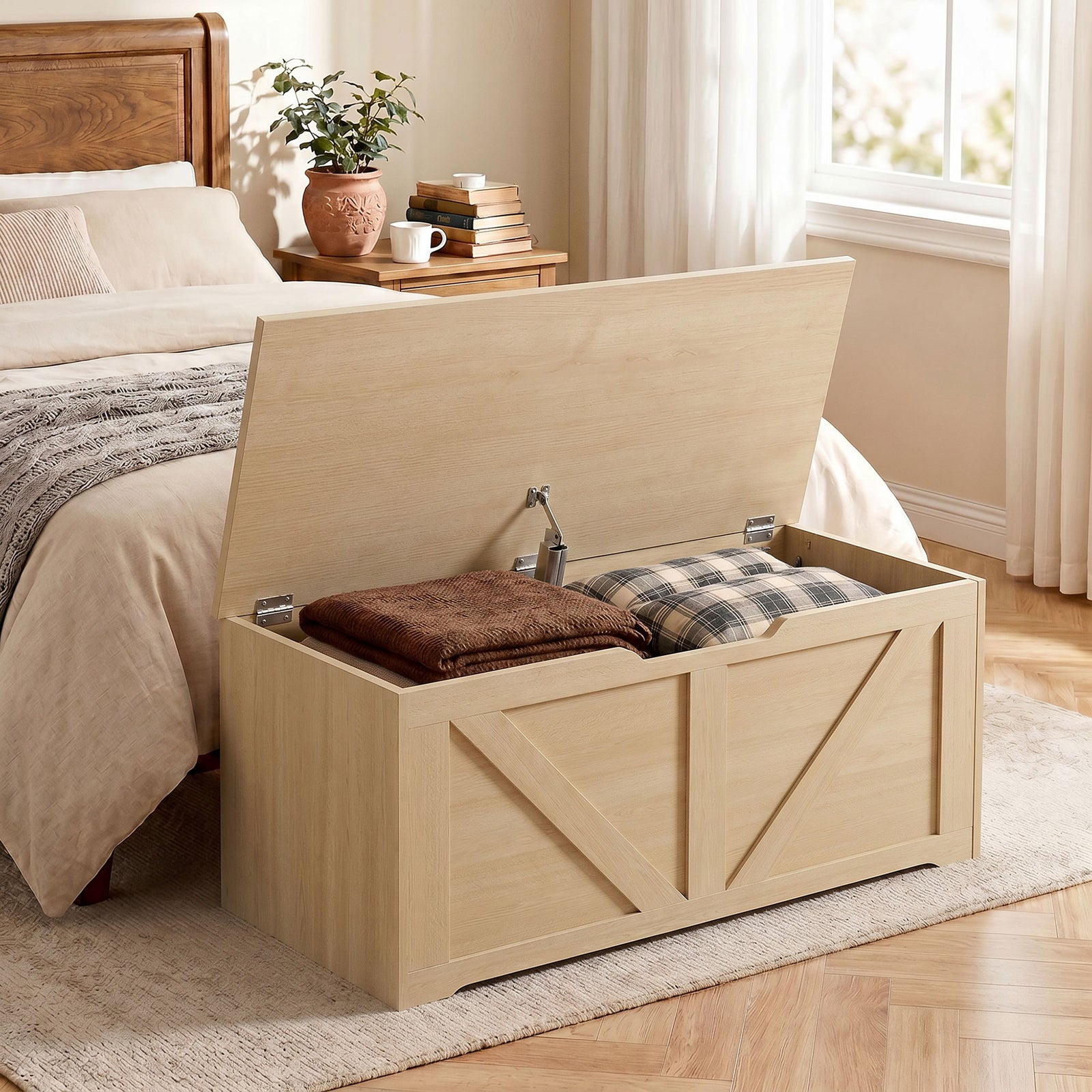 HOMCOM 100L Home Storage Box, with Safety Hinge - Nature Wood Finish
