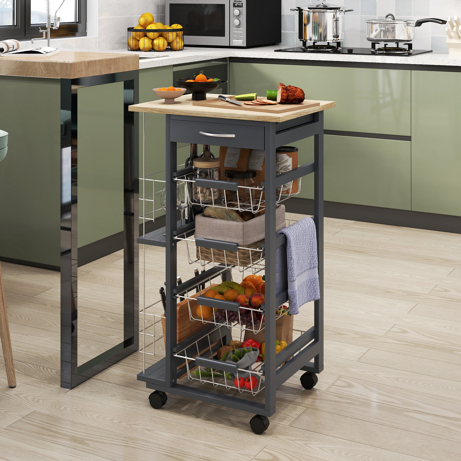 HOMCOM Rolling Kitchen Cart, Utility Storage Cart with 4 Basket Drawers & Side Racks, Wheels for Dining Room, Grey