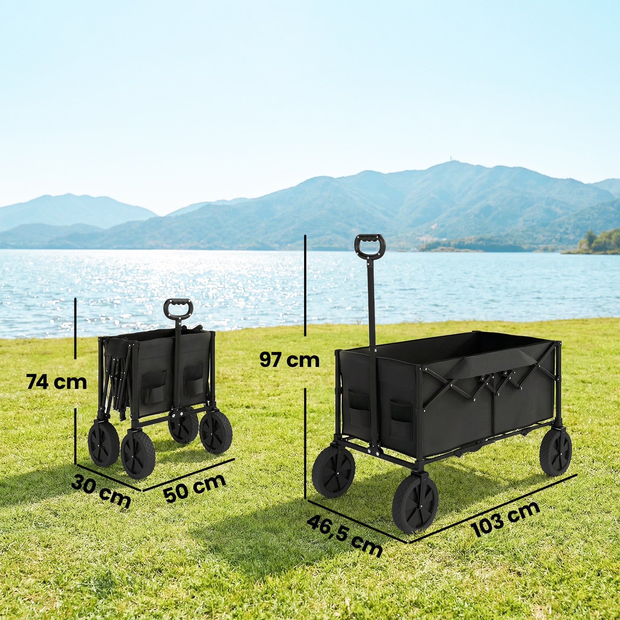 Outsunny 95L Foldable Festival Trolley on Wheels, Collapsible Wagon Cart with Adjustable Handle and 2 Cup Holders, Black