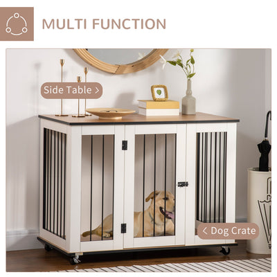 PawHut Dog Crate Furniture with Wheels, Dog Cage End Table for Medium Dogs, with Lockable Door, White, 106W x 60D x 82H