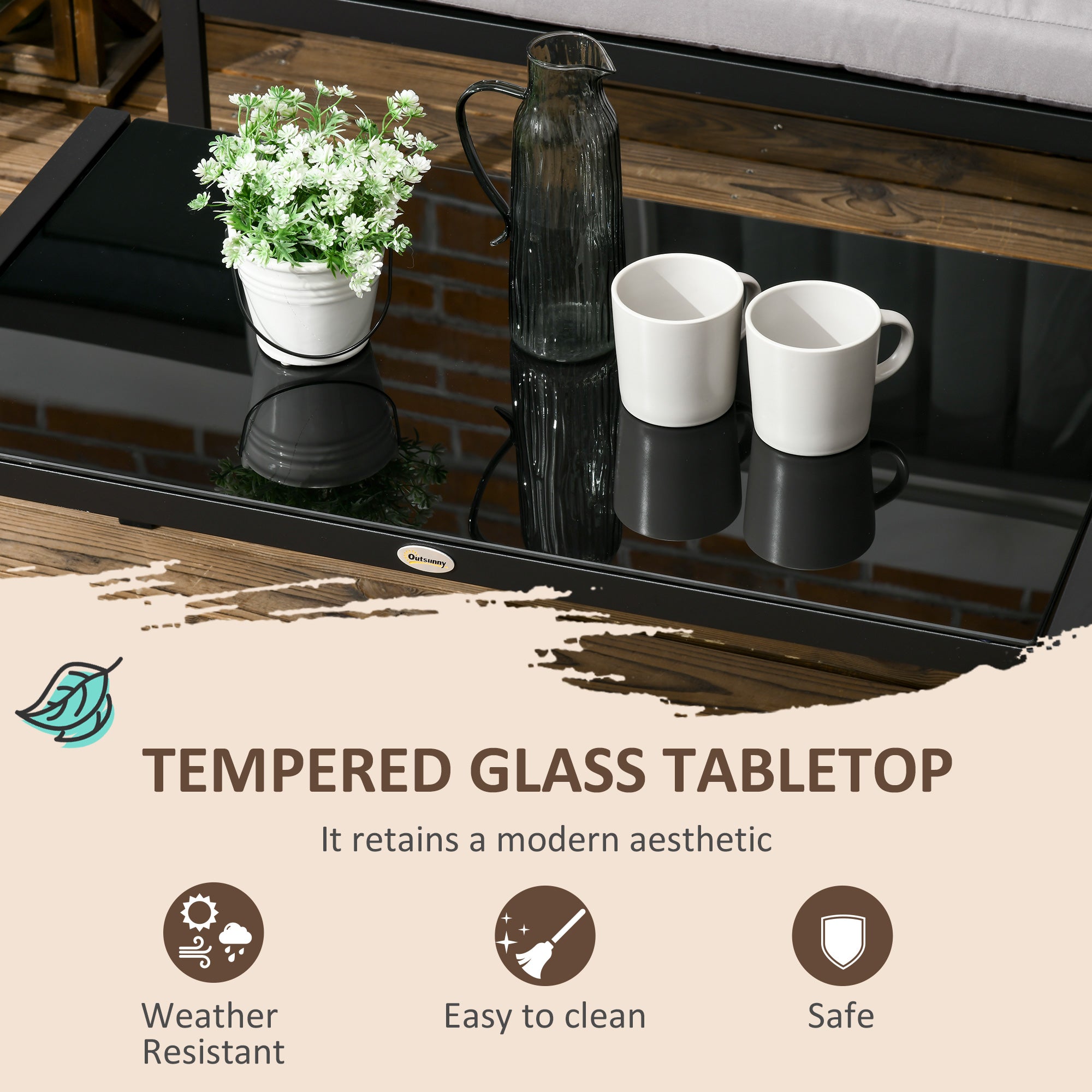 Outsunny 5 Seater Garden Corner Sofa Set, 4 Pieces Metal Garden Furniture Set with Loveseats, Glass Top Coffee Table, Breathable Mesh Pocket, Outdoor Conversation Furniture with Cushions, Light Grey