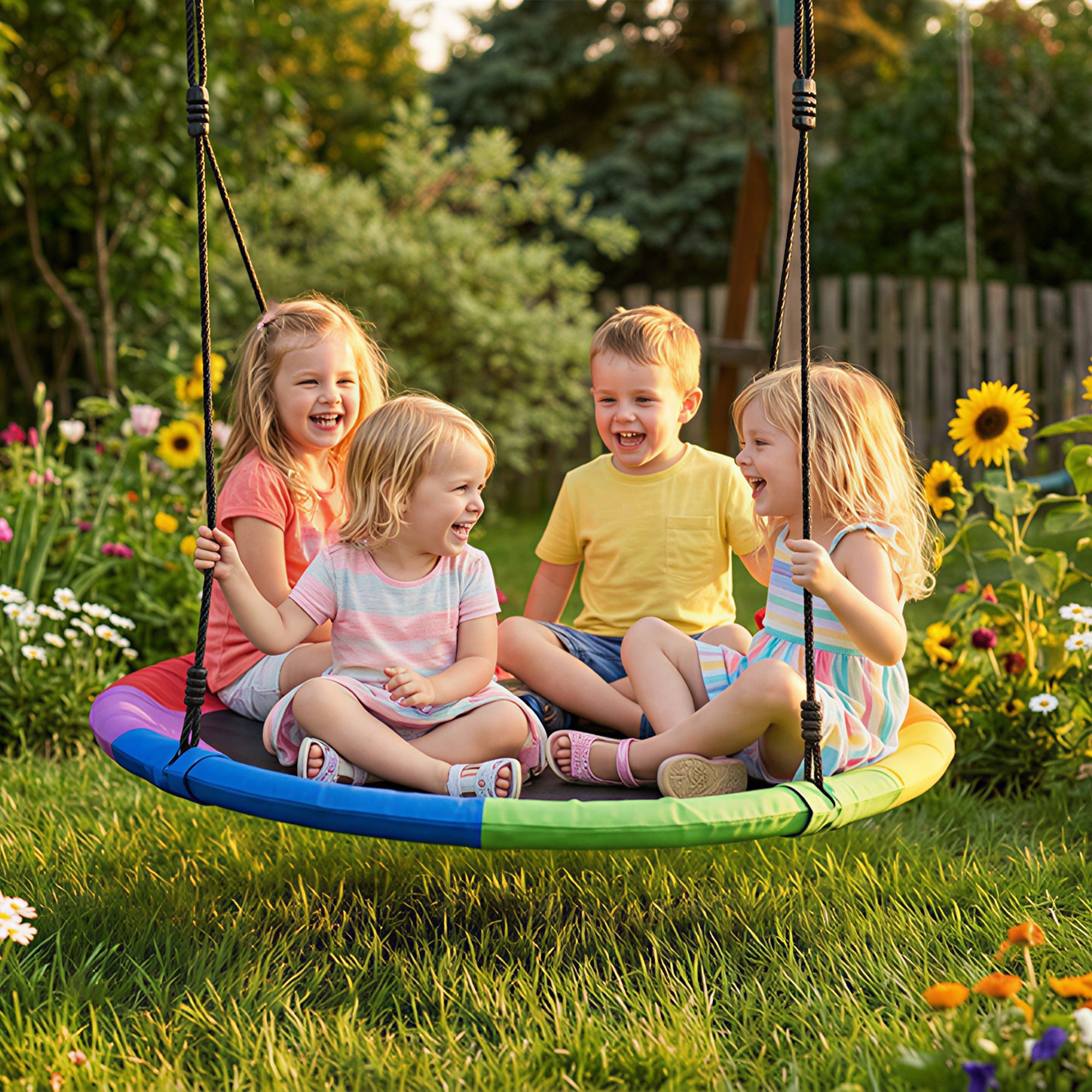 AIYAPLAY Tree Swing Seat, 120cm Kids Saucer Swing with Adjustable Ropes and Tree Straps, 300kg Capacity, Multicolour