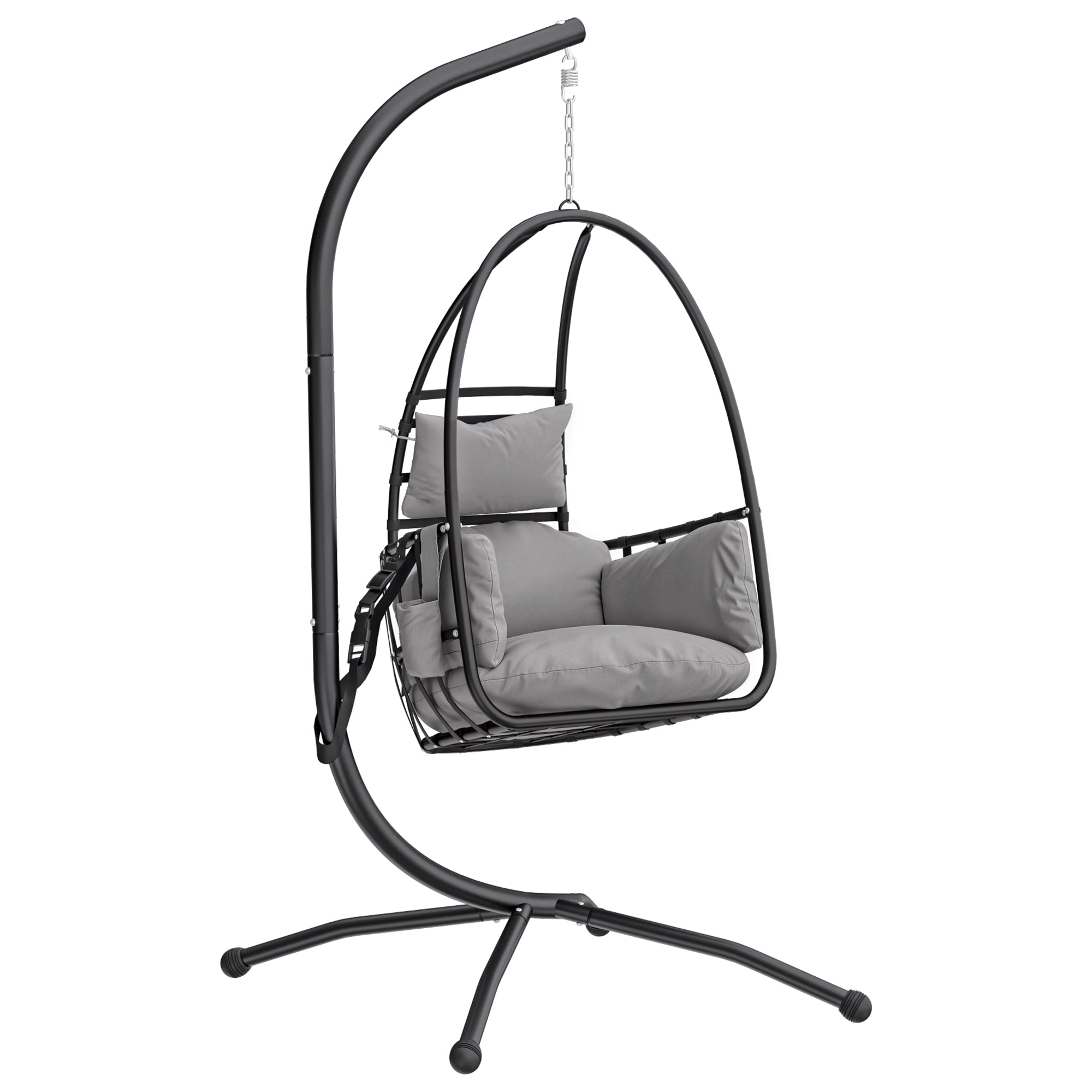 Outsunny Hanging Egg Chair, Indoor Outdoor Swinging Hammock Chair with Stand, Foldable Basket, Side Pocket, Dark Grey