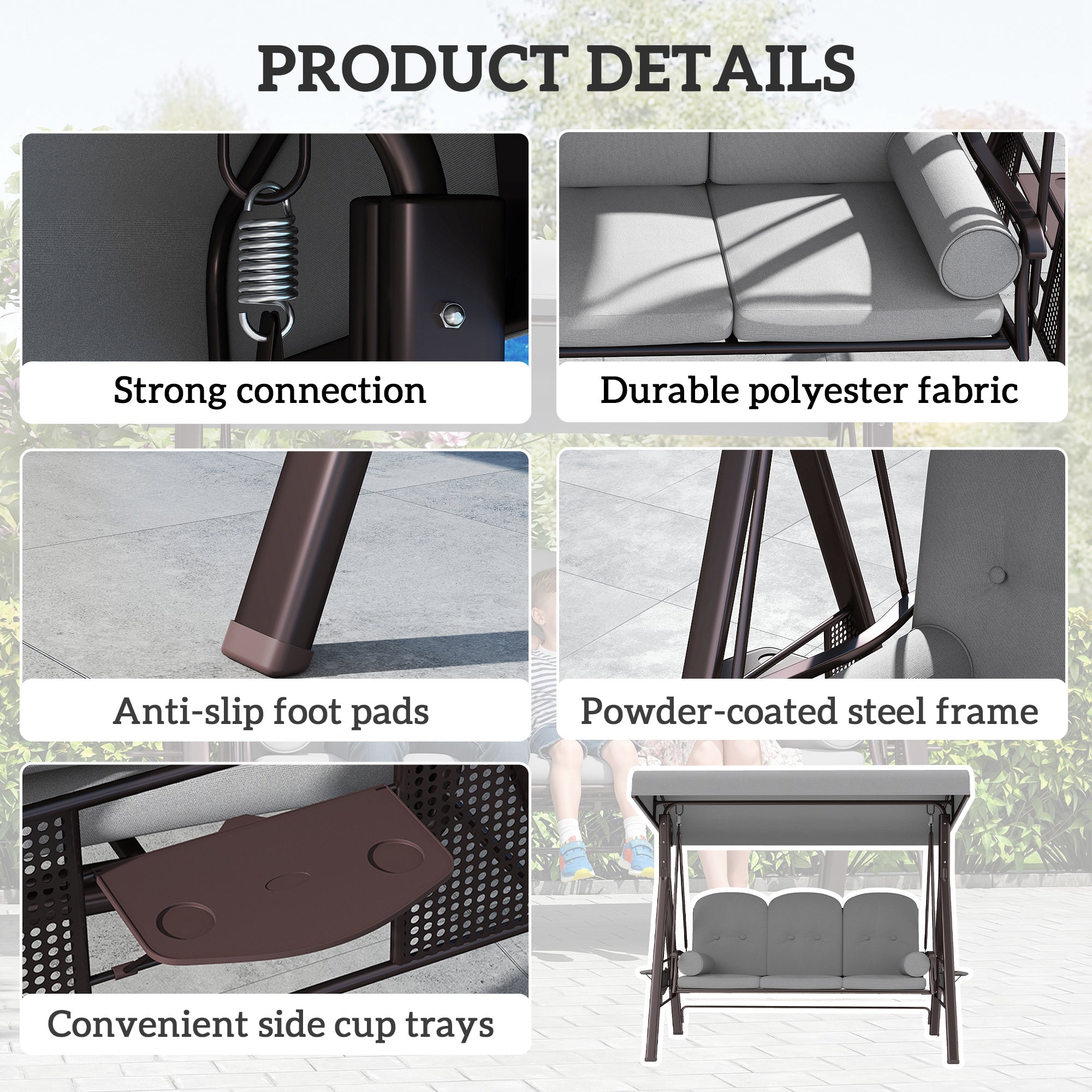 Outsunny 3 Seater Canopy Swing Chair, Outdoor Garden Swing Seat with Adjustable Canopy, Cushions and Cup Trays, Steel Frame, Light Grey