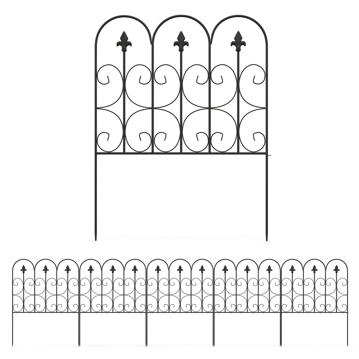 Outsunny Decorative Garden Fencing, 83cm (H) x 3m (L) 5PCs Outdoor Picket Fence Panels, Rustproof Metal Wire Landscape Flower Bed Border Edging Animal Barrier, Black