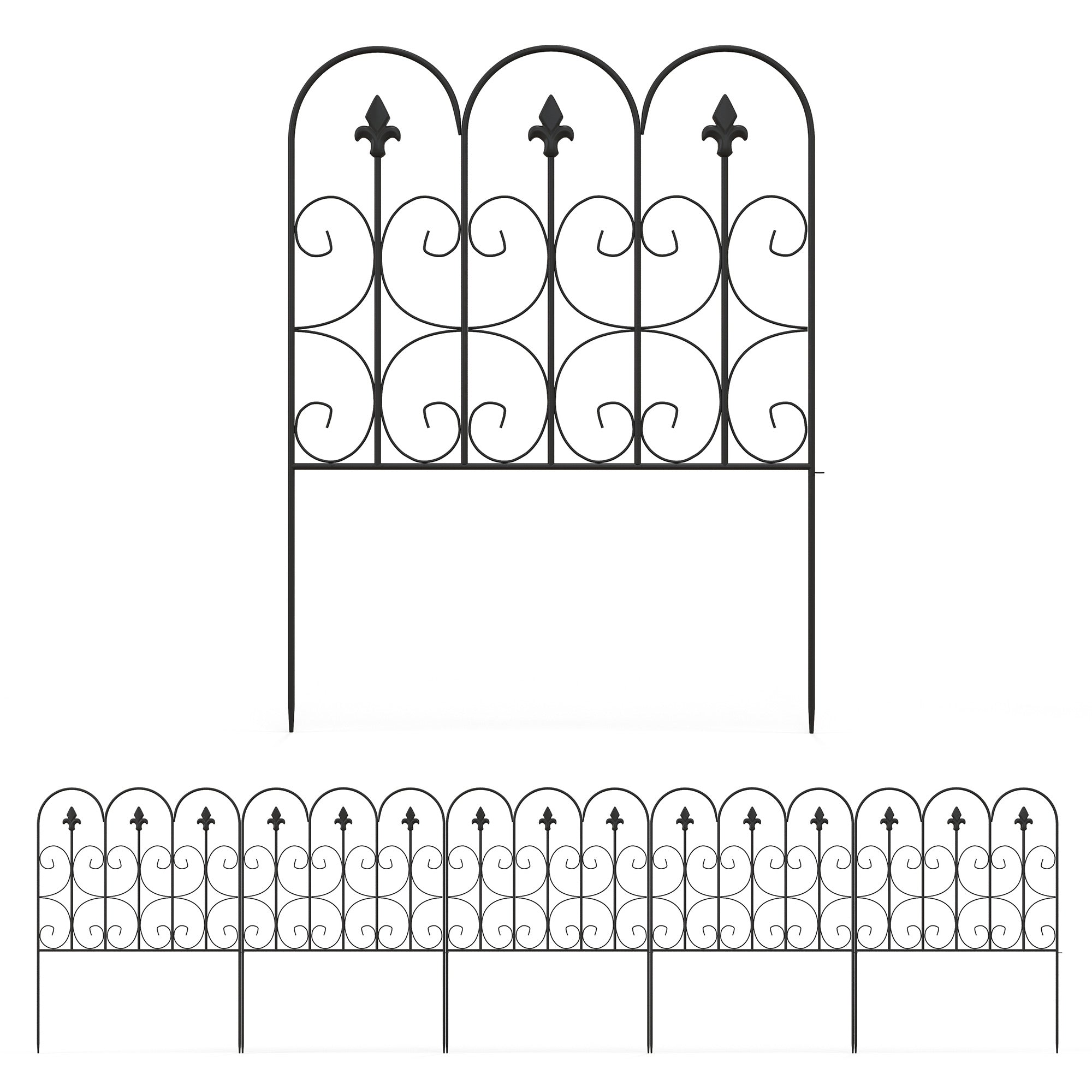 Outsunny Decorative Garden Fencing, 83cm (H) x 3m (L) 5PCs Outdoor Picket Fence Panels, Rustproof Metal Wire Landscape Flower Bed Border Edging Animal Barrier, Black