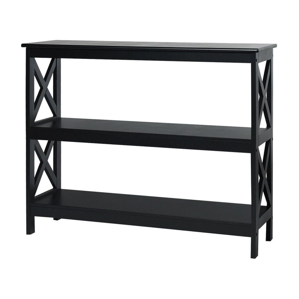 Industrial 3-Tier Console Table with Storage Shelf in black, a three-shelf unit with X-shaped sides