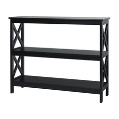 Industrial 3-Tier Console Table with Storage Shelf in black, a three-shelf unit with X-shaped sides