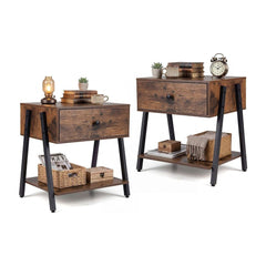 Industrial Nightstand Set of 2 with drawer and storage shelf in rustic brown