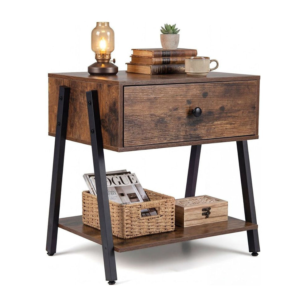 Industrial Nightstand with a drawer and open shelf, styled with a lamp, books and a woven basket